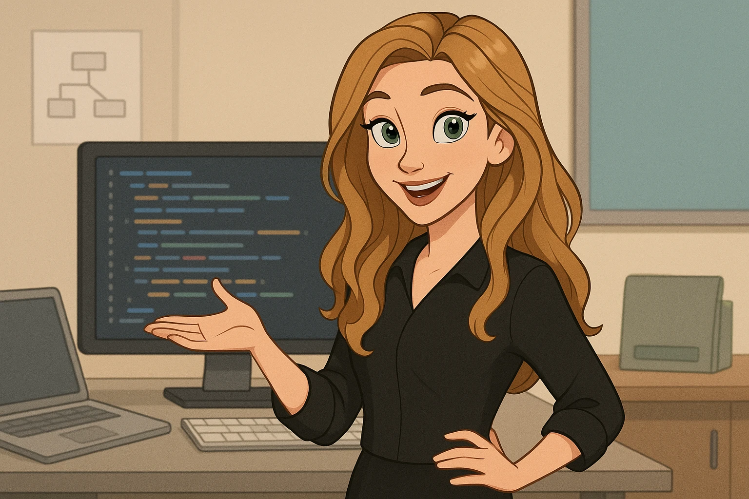Disney cartoon style European woman, dark blonde long beach wavy hair, green eyes, smiling, black long-sleeved blouse, no chain, no glasses, business setting, software developer, teaching behavior emoji