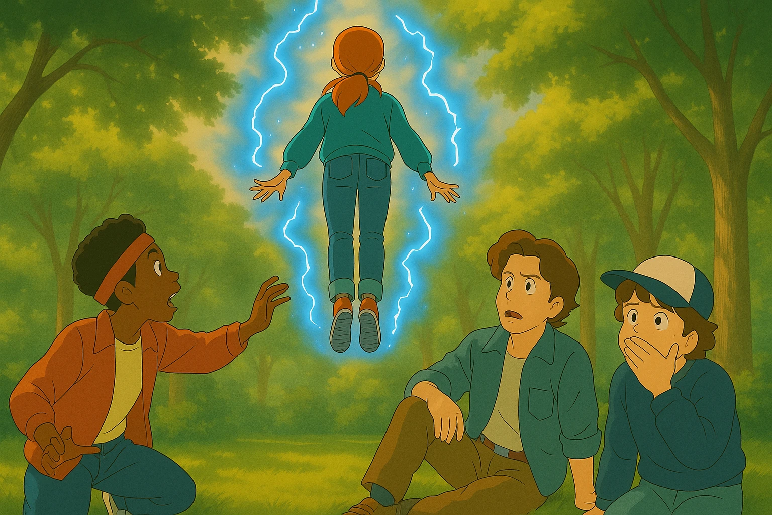Max from Stranger Things levitating, back view, in front of Lucas, Steve, and Dustin. Lucas is halfway up, desperately reaching for Max, Steve is frozen in concern, and Dustin is covering his mouth in fear. Render in Ghibli style with wide aspect ratio (16:9), supernatural glowing effects, cinematic lighting. emoji