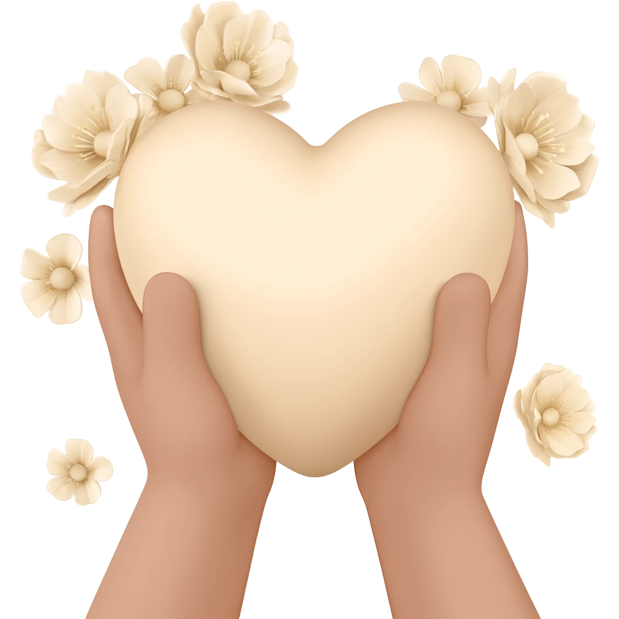 hands are holding light beige human heart with beige flowers emoji