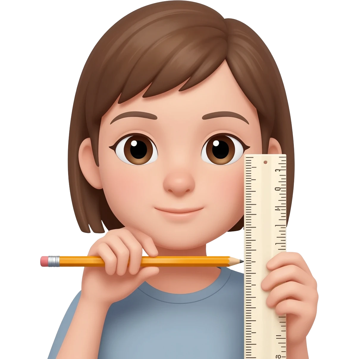 Girl holding a pencil horizontally under her chin with one hand and a ruler vertically from her ear downwards with the other hand emoji