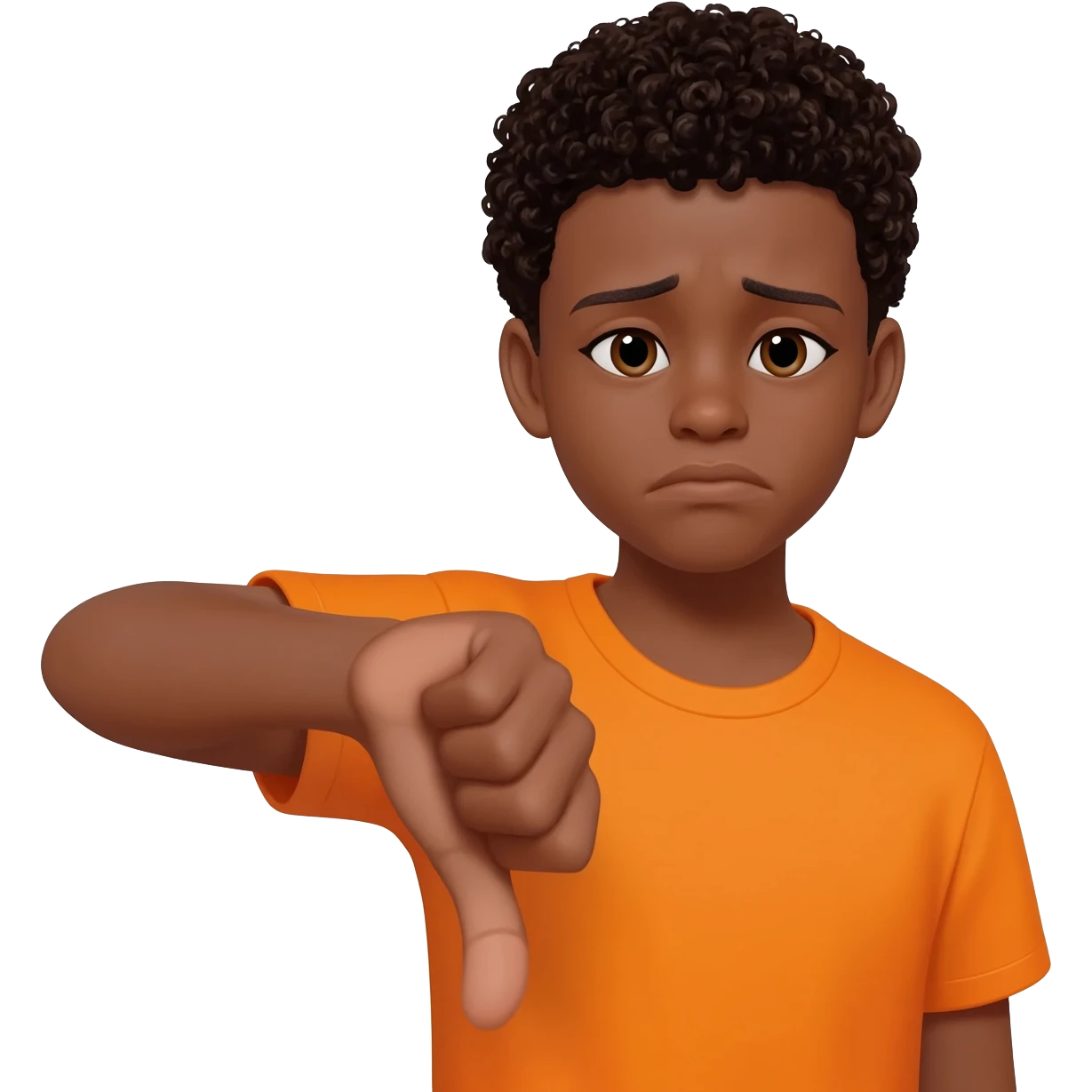 black boy curly hair orange shirt thumbs down not happy emoji