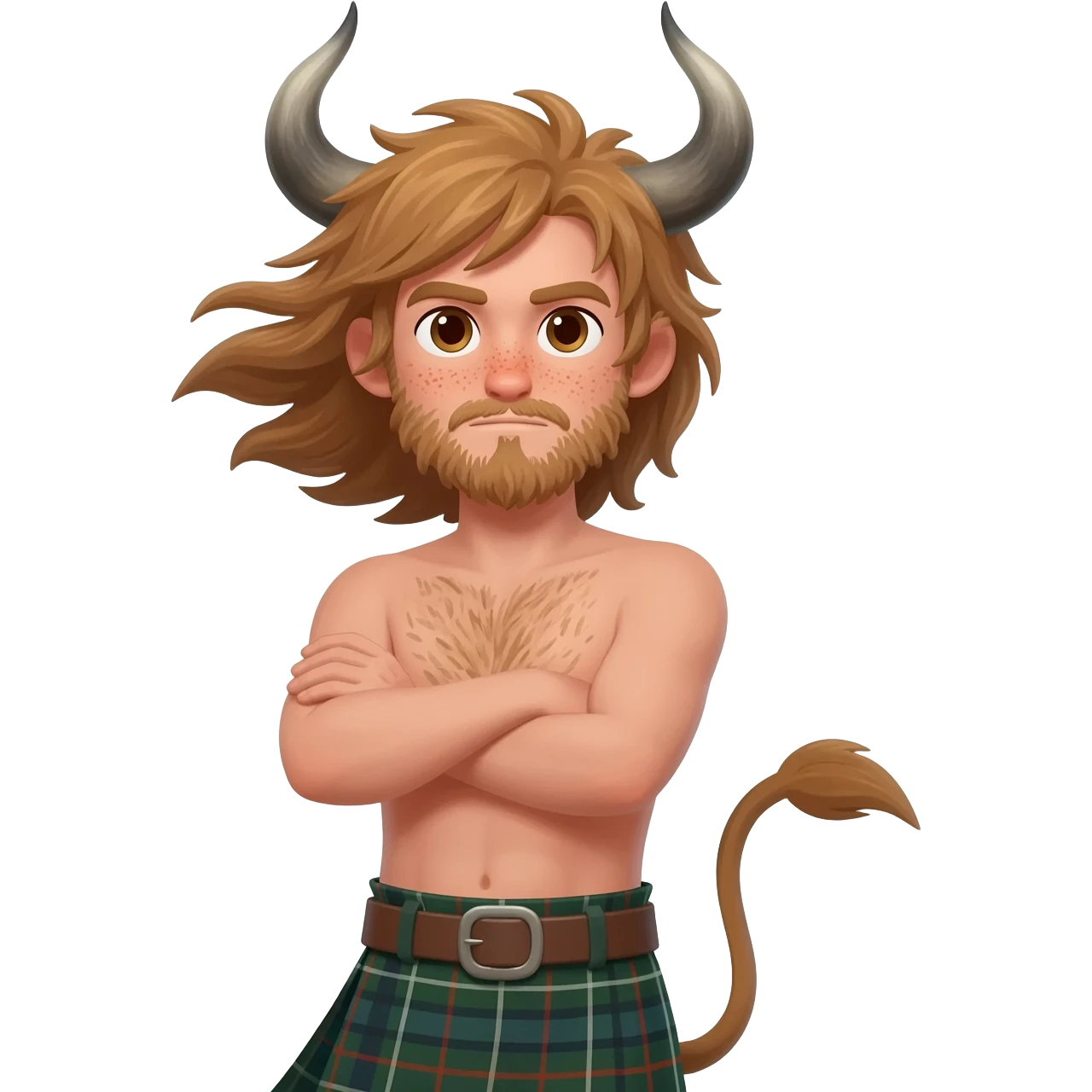 buff hairy man with freckles with messy light brown bangs that covers his face with bull horns and bull ears and bull tail dressed in kilt posing with his arms crossed with wind in his hair with belt around his chest emoji