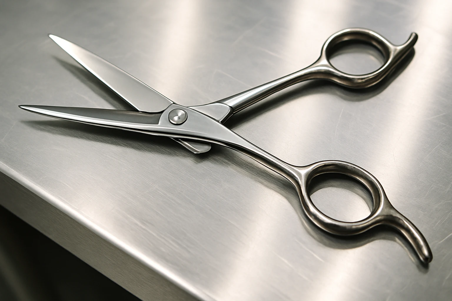 A set of professional barber scissors lies on a stainless steel workbench, gleaming under the bright lights. The blades are sharp and precise, with smooth handles showing signs of frequent use, ready for the next cut emoji