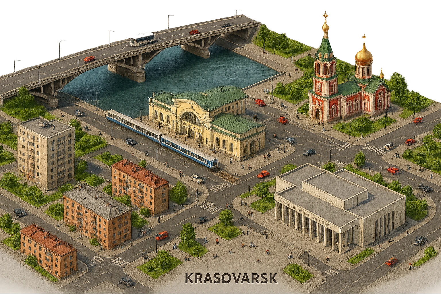 Изометричная чёткая миниатюрная фотореалистичная 3D модель панорамы Красноярска — Николаевский мост, Благовещенская церковь, Красноярск-пассажирский, Красноярский театр оперы и балета, дома, люди, автотранспорт. Ультравысокая детализация, острые и чёткие контуры, прорисованные границы зданий и дорог, архитектурная точность, резкие тени и текстуры, акцент на чёткости линий. Вид сверху в изометрии, яркие цвета, прозрачный фон, автотранспорт и пешеходы, компактная композиция. emoji