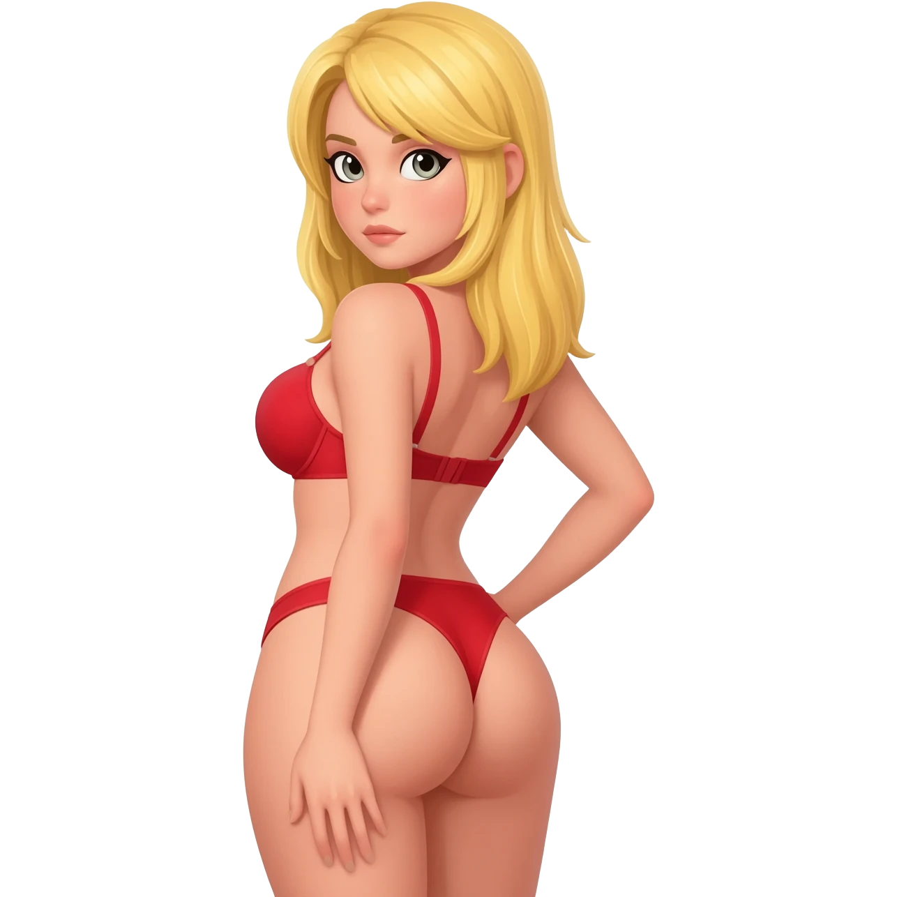 Blonde haired girl in any pose emphasize big butt busty breast in red song, red bra emoji