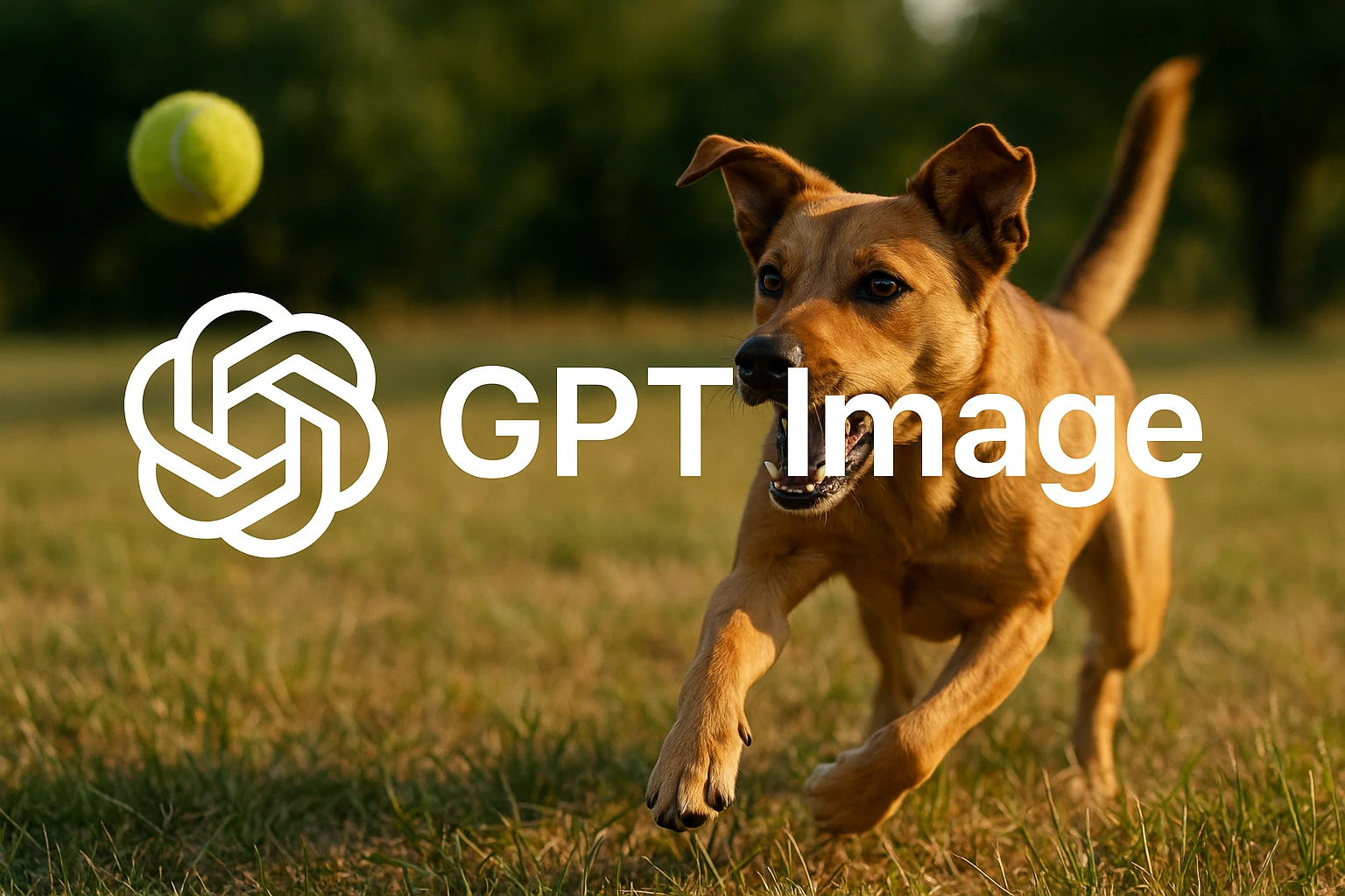  logo of chat gpt with text "GPT Image" on the background of a dog chasing ball, realistic image emoji