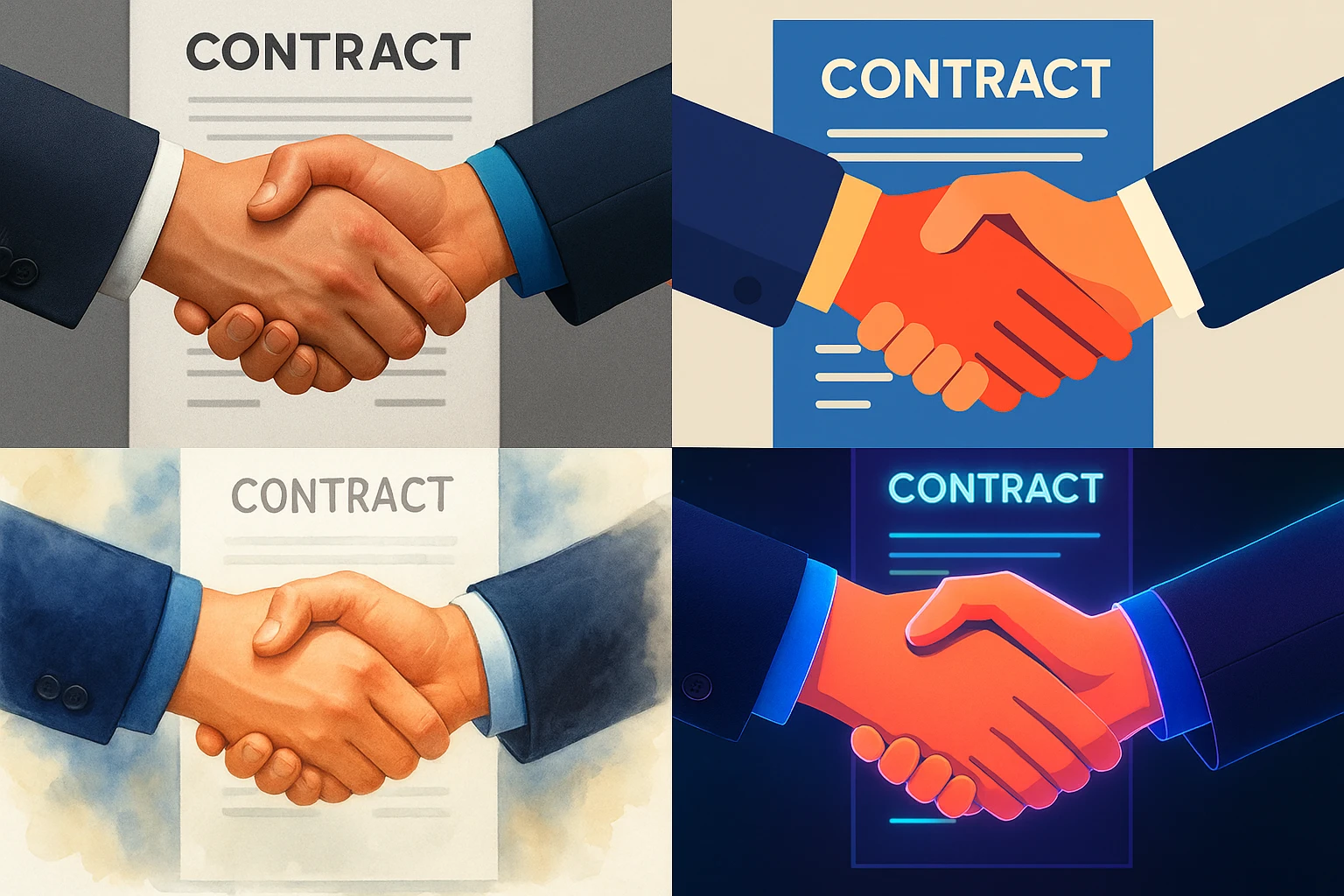 A handshake with a contract in the background, representing a successful business deal, in four distinct visual interpretations. emoji