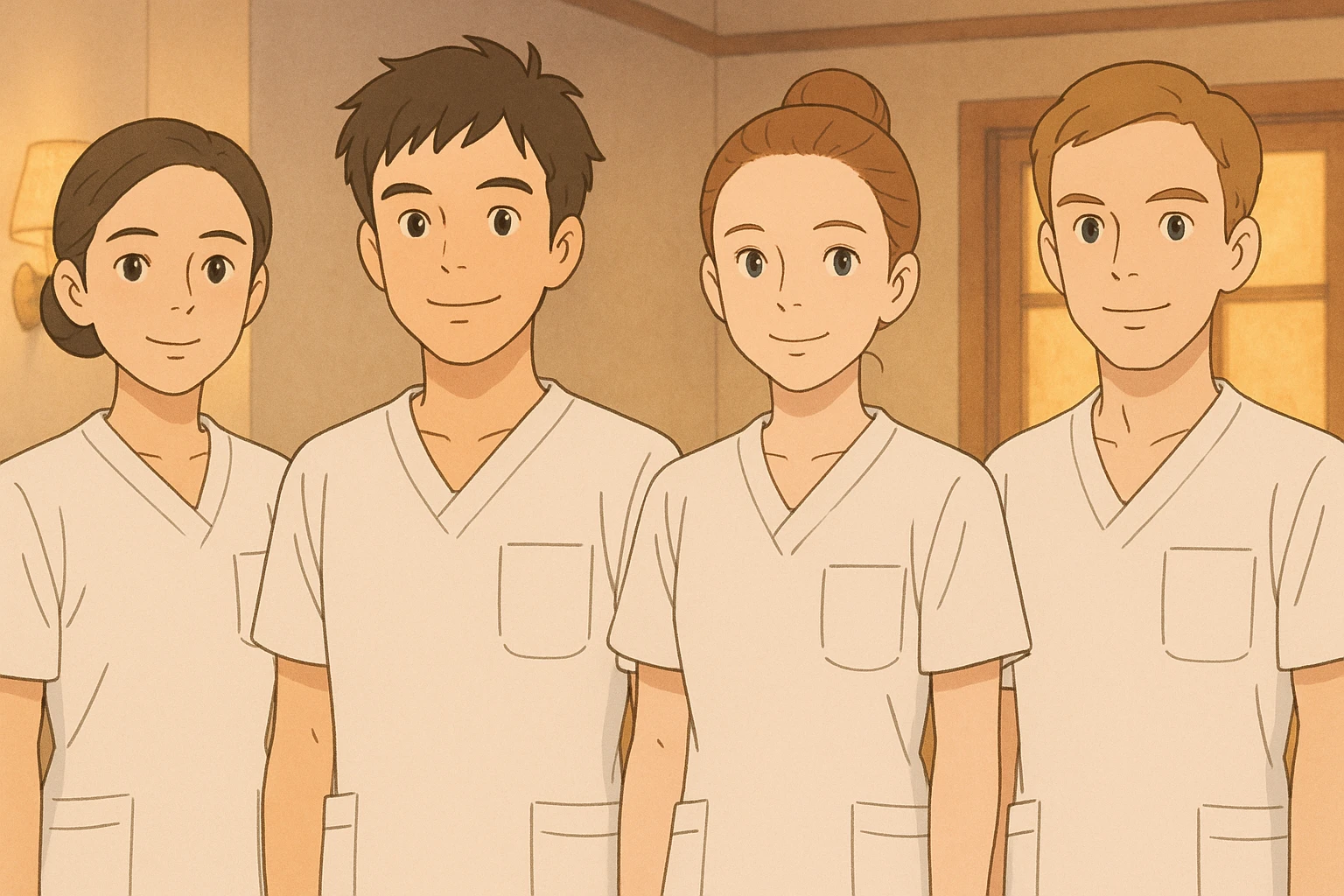 four nursing students standing side by side, wearing white short-sleeve medical uniforms with V-neck, left chest pocket, no collar, no undershirt, no stethoscope, warm indoor ambiance, resembling four provided faces, Ghibli style emoji