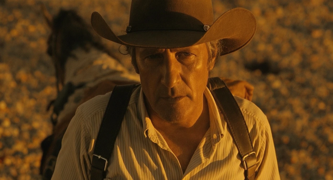 Cinematic , documentary photography, top angle medium shot, cowboy look eye brave, hard light golden hour, desert arizona, shot on arri alexa, 80s movie emoji