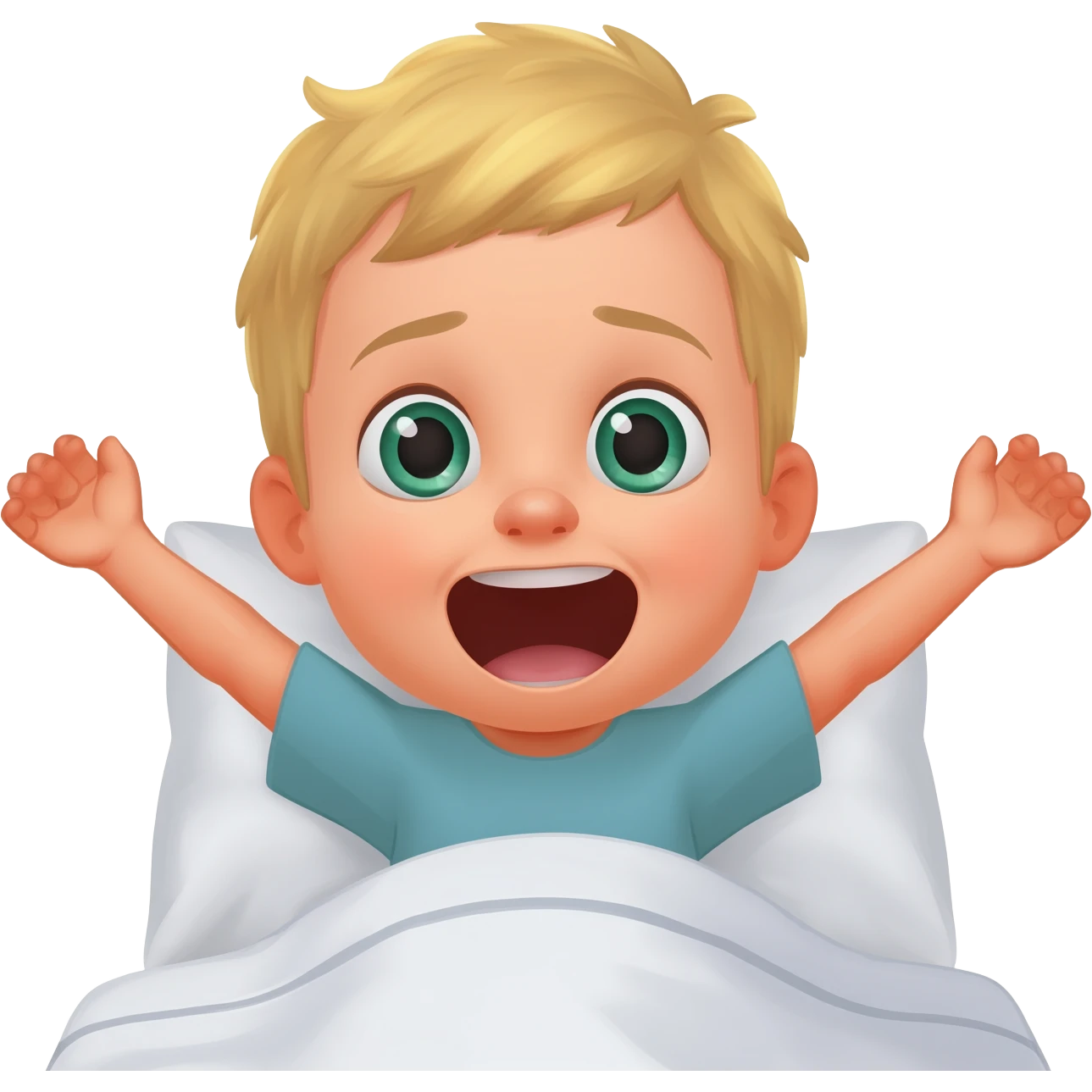 3 year old blonde boy with green-blueish eyes waking up from bed, raising both arms up and yawning. No tears. No scared face, he looks sad! Make the boy smiling with no teeth showing emoji