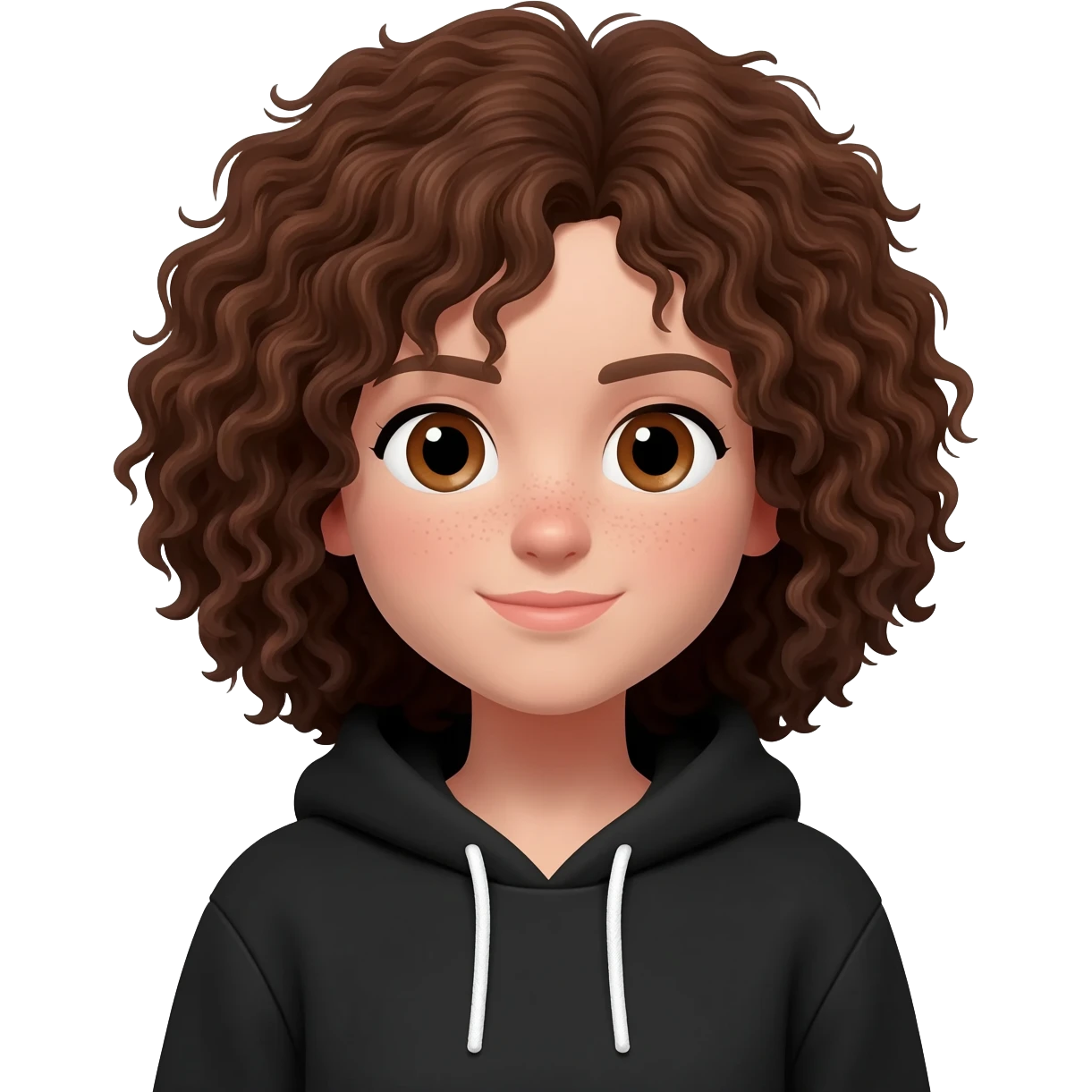 white girl with brunette curly hair and  brown eyes with a black hoodie emoji