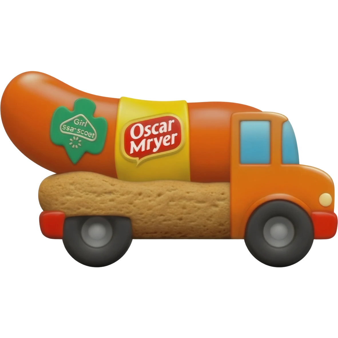 Girl scout cookie truck in the shape of a cookie like the oscar mayer weiner mobile emoji
