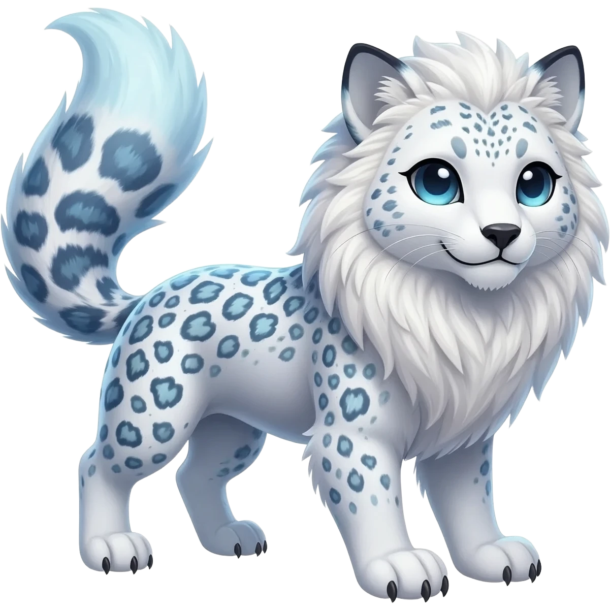Realistic wild natural elegant pretty beautiful handsome shiny colorful furry 4-legged digitigrade arctic-fox-snowy-owl-snow-leopard-gryphon-griffin-albino-lion-fusion-hybrid-fursona-furry-animal-creature, full body, hyper-realism, long tufted tail emoji