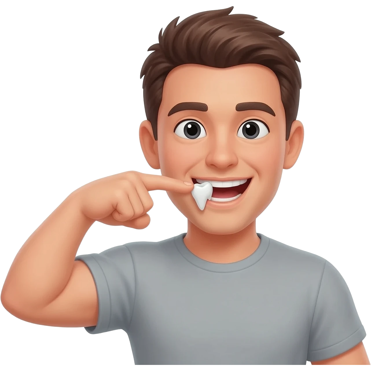 Un emoji qui souris qui flex avec sa bouche et son doigt sur sa dent emoji