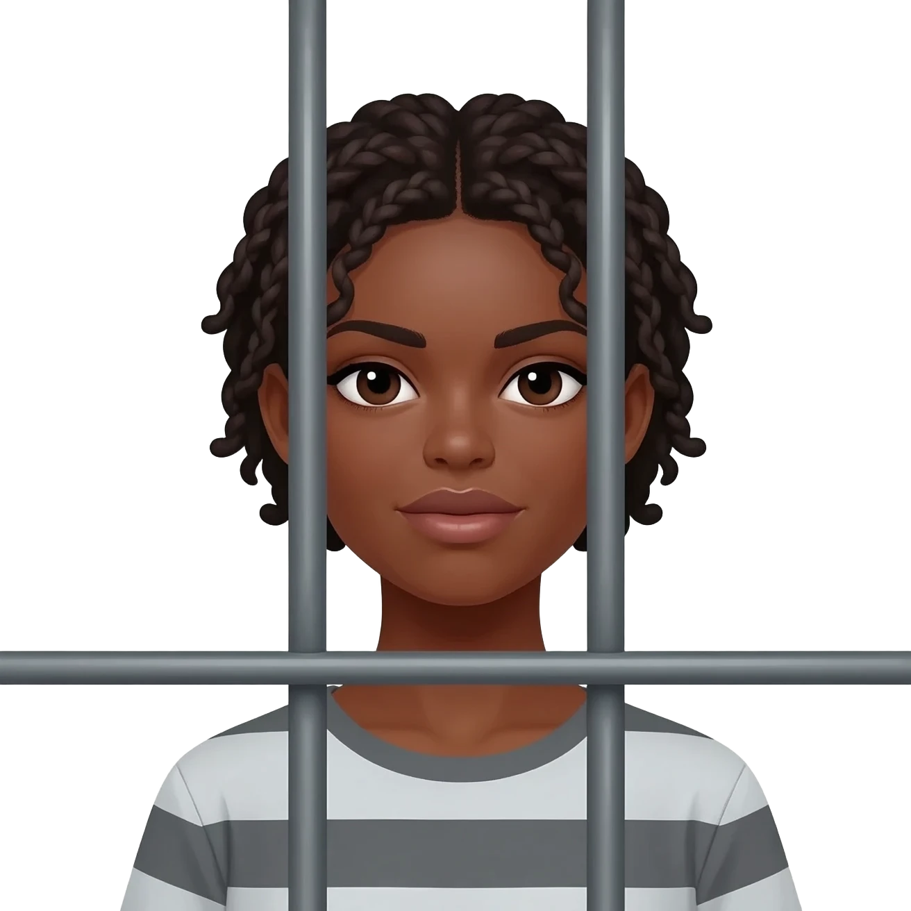 Light brown lady with short twists not harmed behind metal grey prison bars emoji