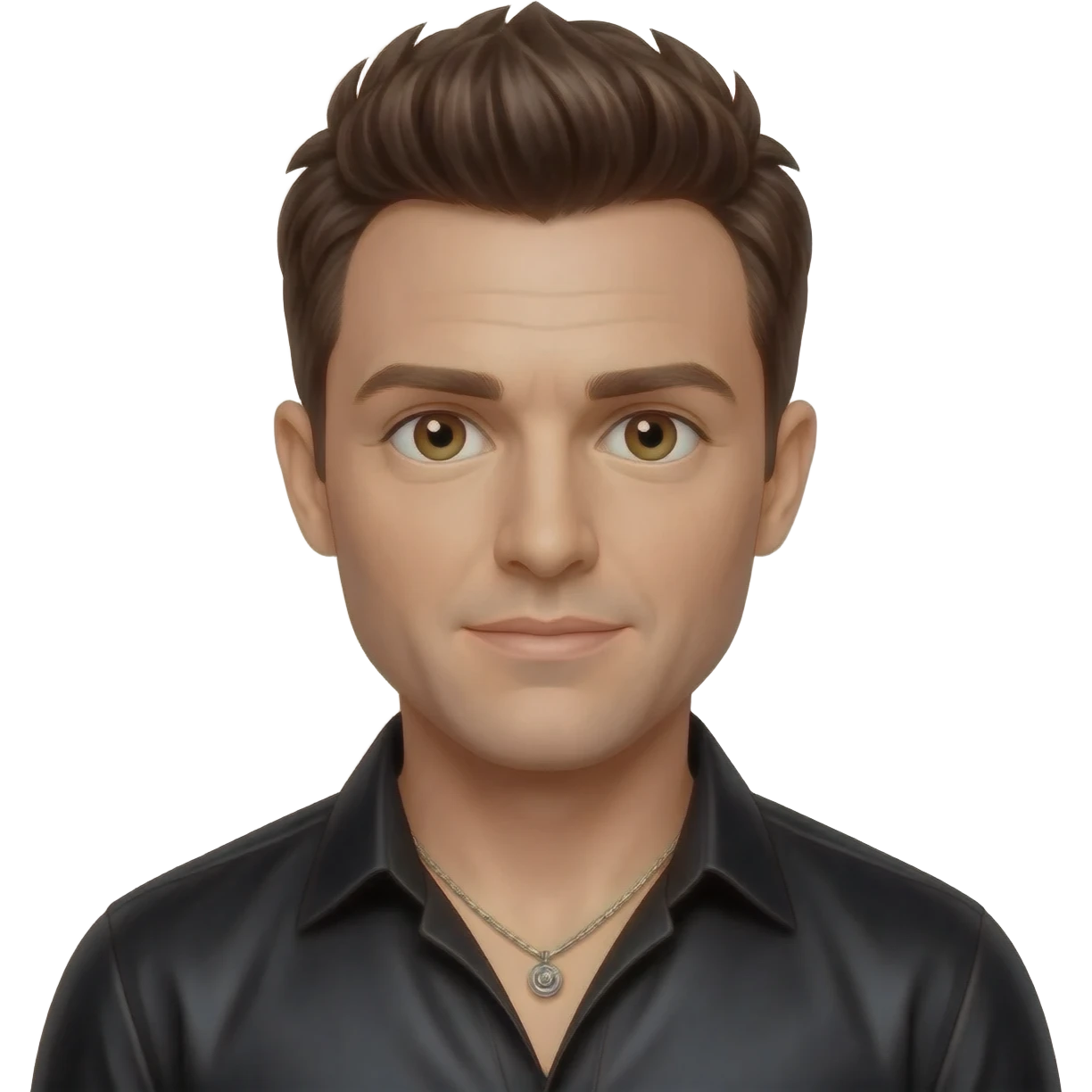 Shane Filan from Westlife with hazel eyes, dark brown hair, black metallic shirt, silver necklace emoji