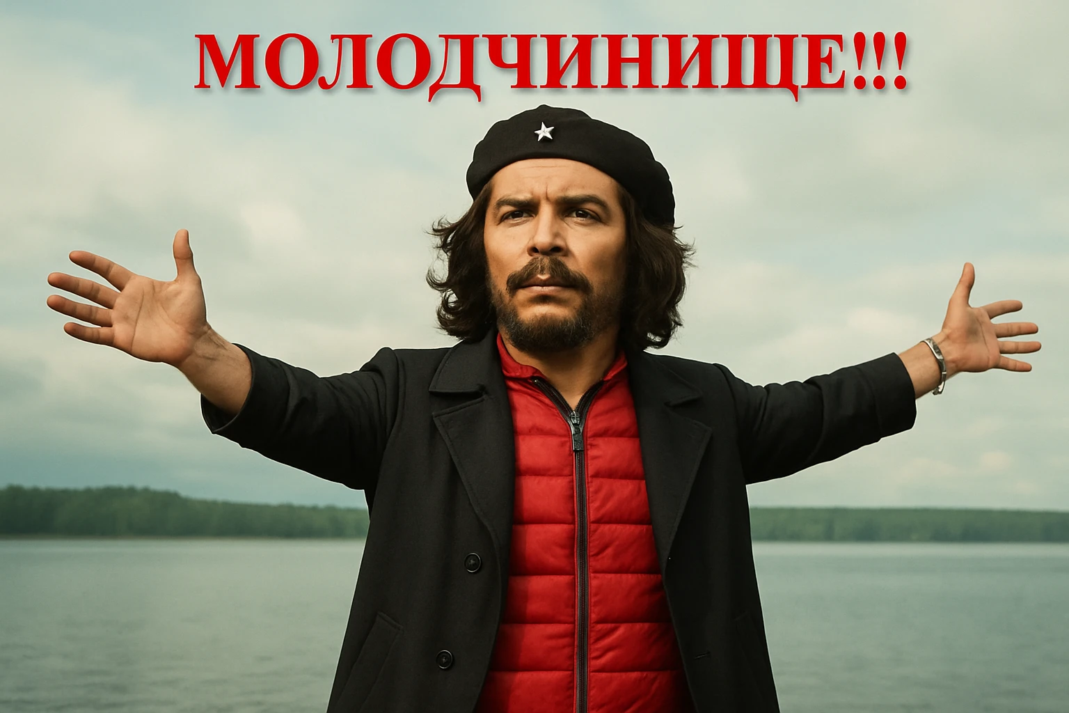 Сгенерируй мне в такой же позе и в такой же одежде Че Гевара (как на 2 фото). Сохраняй нормальные пропорции тела, голова не должна быть слишком большой, все должно смотреться гармонично и реалистично  emoji