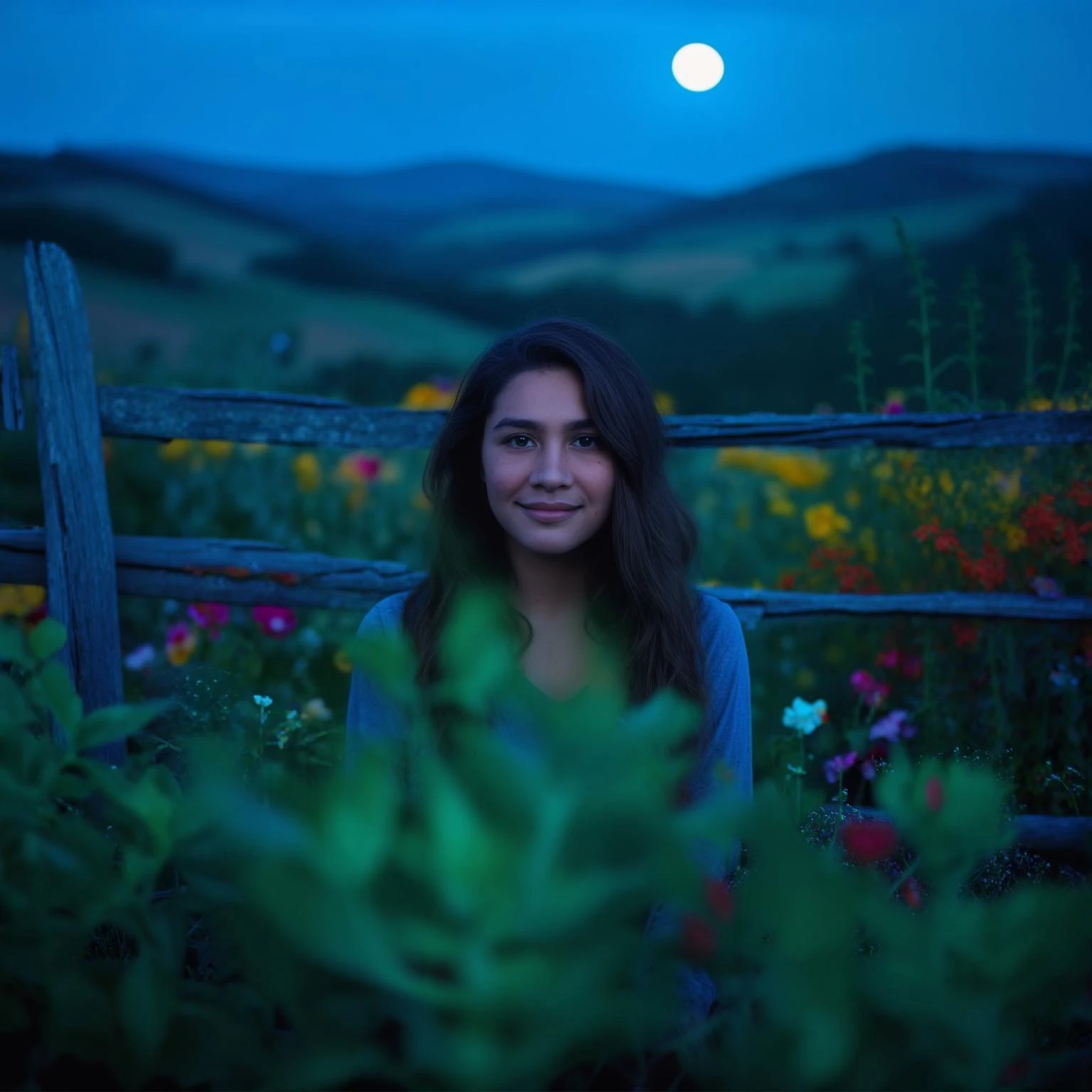A portrait of a white person in the foreground, blurred plants in the foreground, a wooden fence and colorfull flowers in the midground, rolling hills in the background, cinematic depth of field, layered composition, moon back light (Blue night) emoji