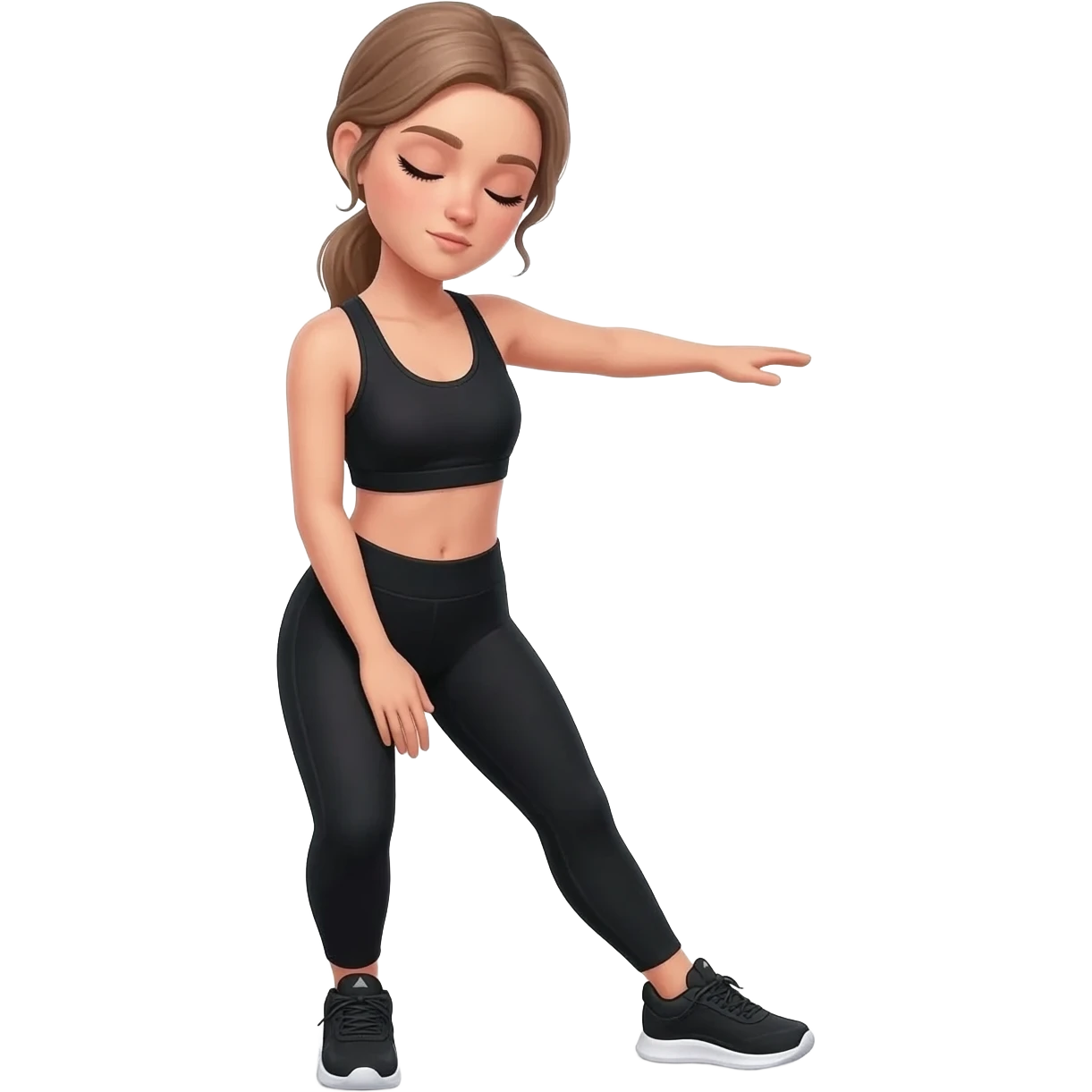 gentle bedtime stretch with sleepy mood, fair-skinned woman, gray-blue eyes, ash brown brows, ash light brown hair tied back, slim athletic body, black workout set, black sneakers with white soles emoji