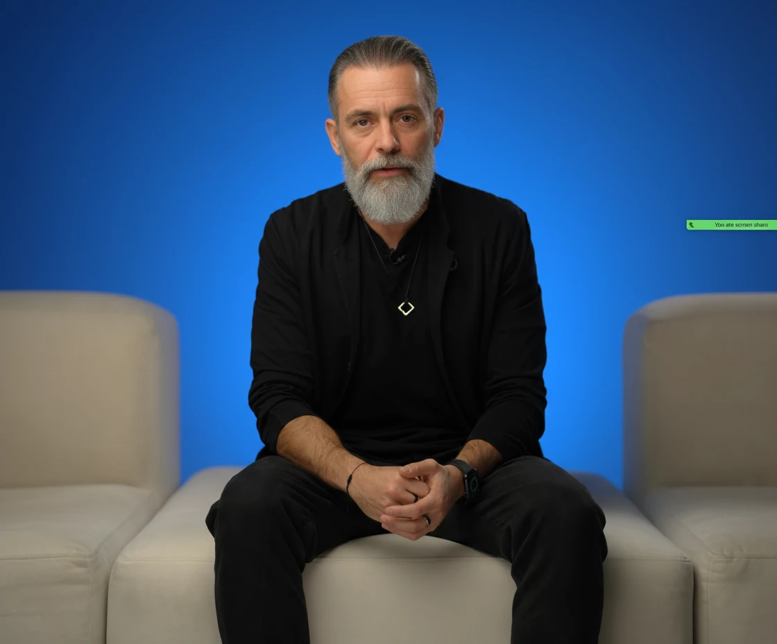 Состарь лицо этого человека, сделай седы волосы и добавь бороду, сохранив позу и все остальное emoji