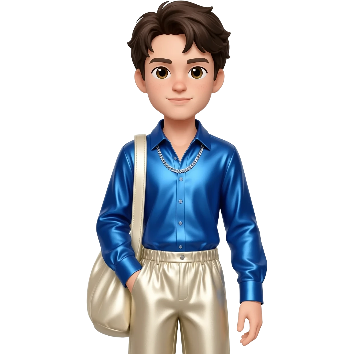 Jonathan Bailey with dark brown hair, blue metallic shirt, ivory metallic baggy pants, silver necklace emoji