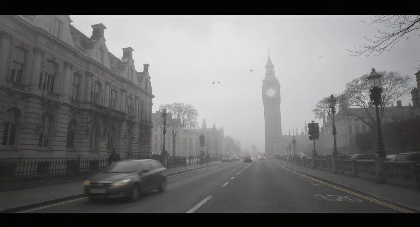 Cinematic shot of a london street, cloudy foggy day, soft light, leading lines to big ben in distance, multi composition, in foreground blurred car, on second street around UK bulding, od another plan in distance big ben, birds flying, artistic look, captured on arri alexa 35, triadal composition emoji