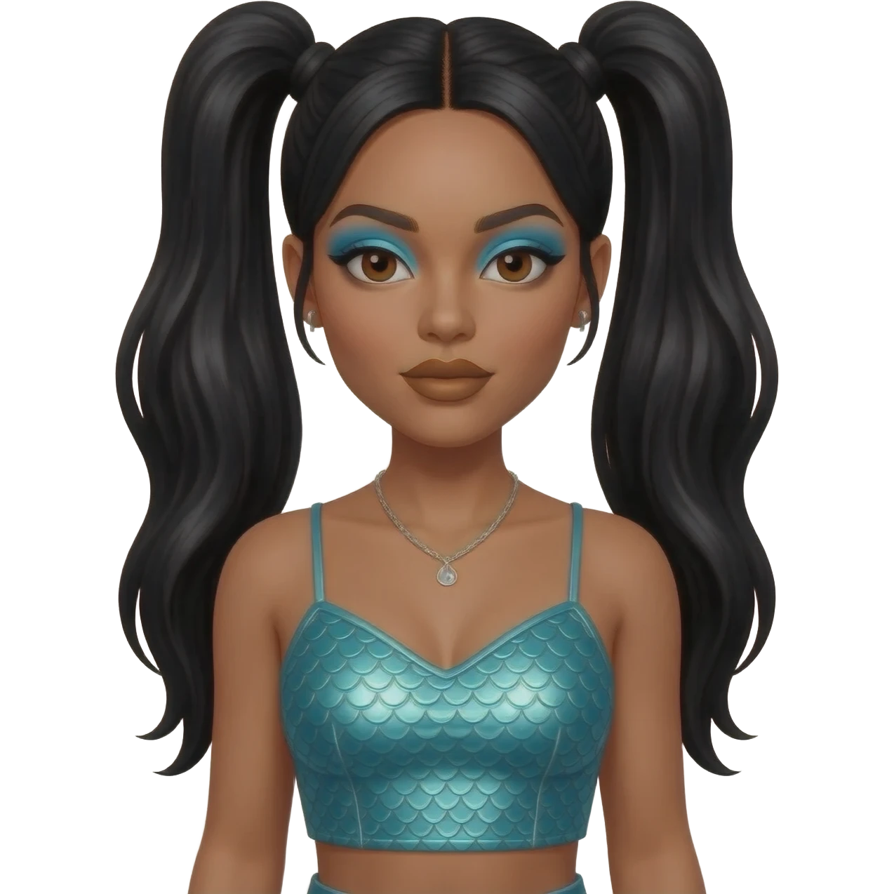 Lisa Left Eye Lopes from TLC with dark brown eyes, long black two high ponytail hair, sky blue eyeshadow, bronze lipstick, turquoise metallic mermaid crop top, silver necklace and earrings emoji