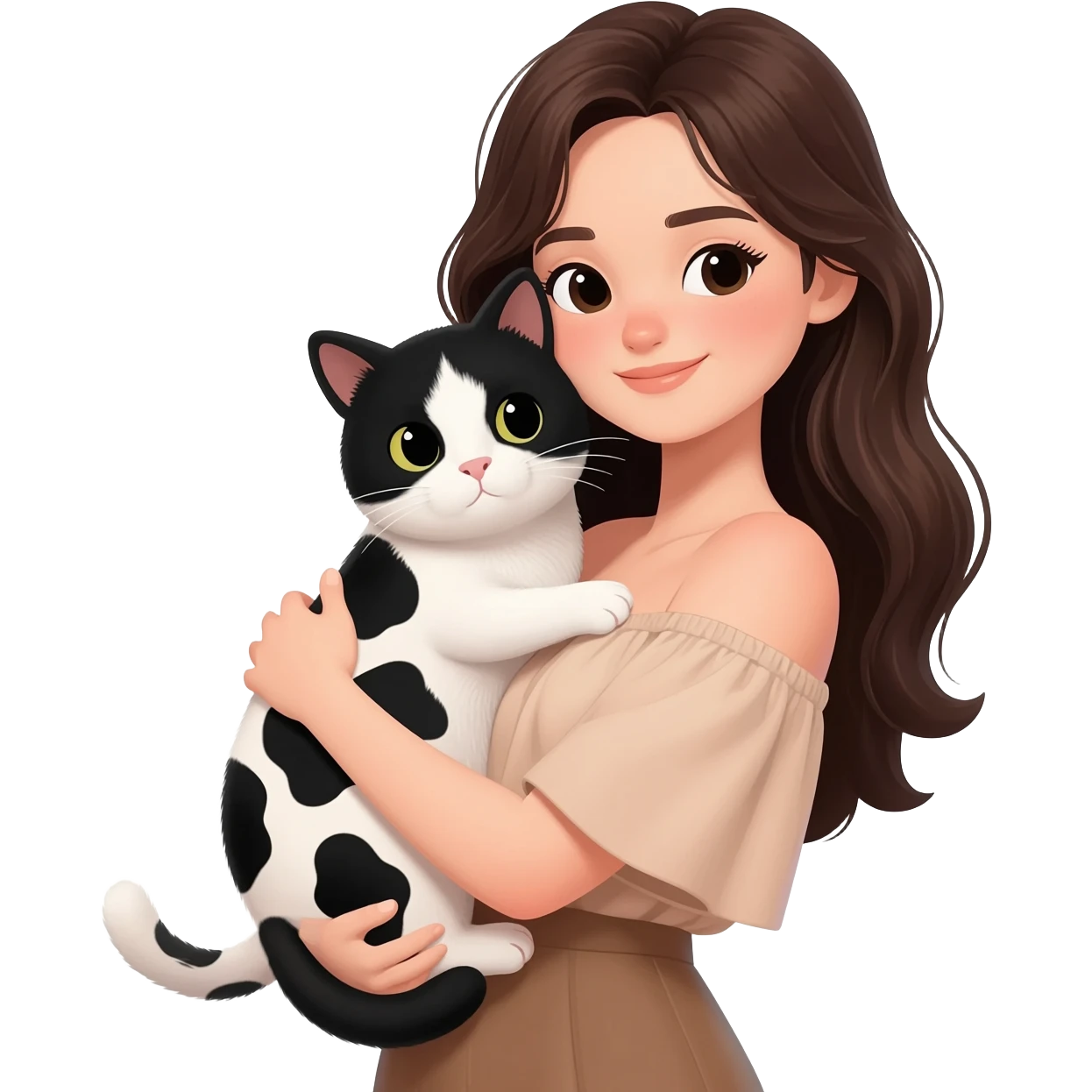 A young woman with long dark brown hair, wearing a nude off-shoulder top, hugging a black and white cow-patterned cat, 3D emoji style, white background. emoji
