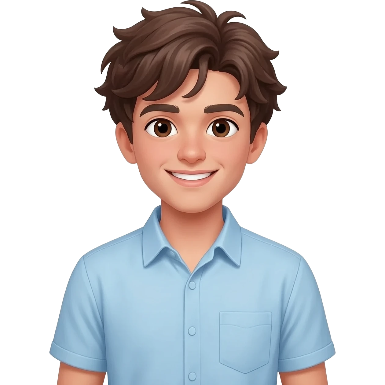 create an emoji of a teenage man, very very slightly tanned face, smile. he has an cool look, very messy brown hair, dark brown eyes, natural lips. he wears a short sleeve light blue emoji