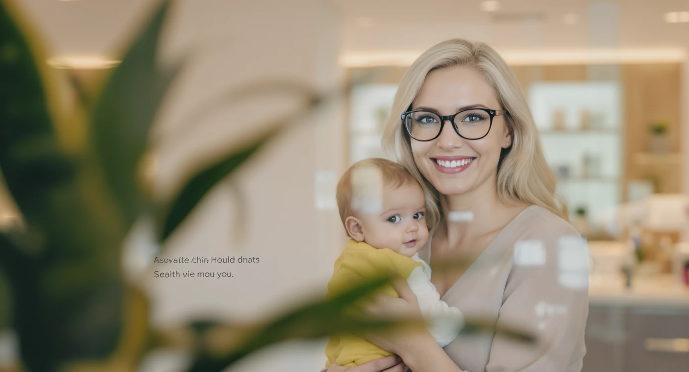 Cinematic still, blurred plants in the foreground (close to the camera), Proffesional advertising of a smiling european white woman with glasses smiling holding baby, minimalistic ophthalmologist interior in background, leading  lines, "rule of thirds", 60/30/10 colors, soft light, warm colors emoji