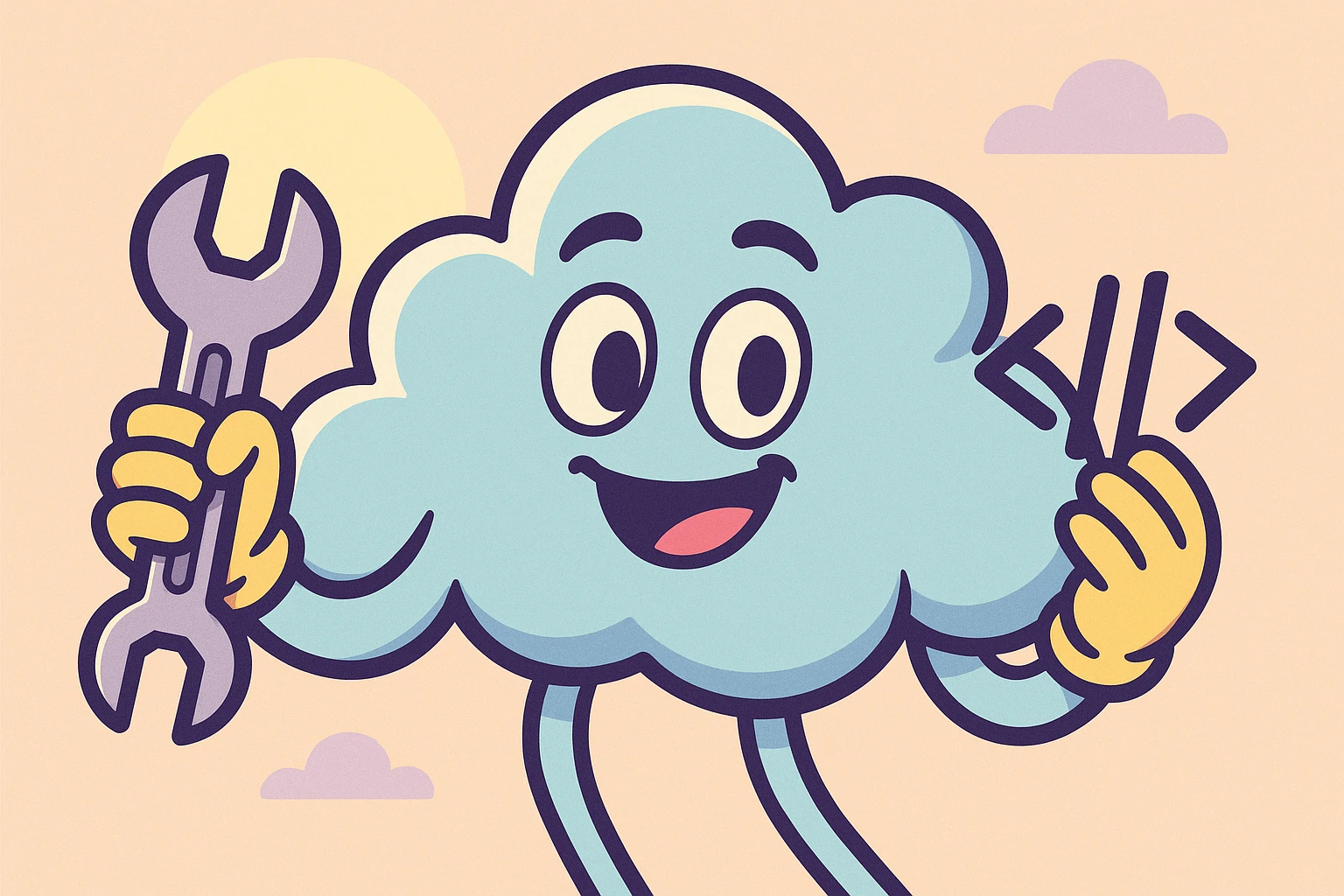 cartoon style illustration of a cloud with wrench and code brackets, playful colors, representing DevOps Cloud Engineer emoji