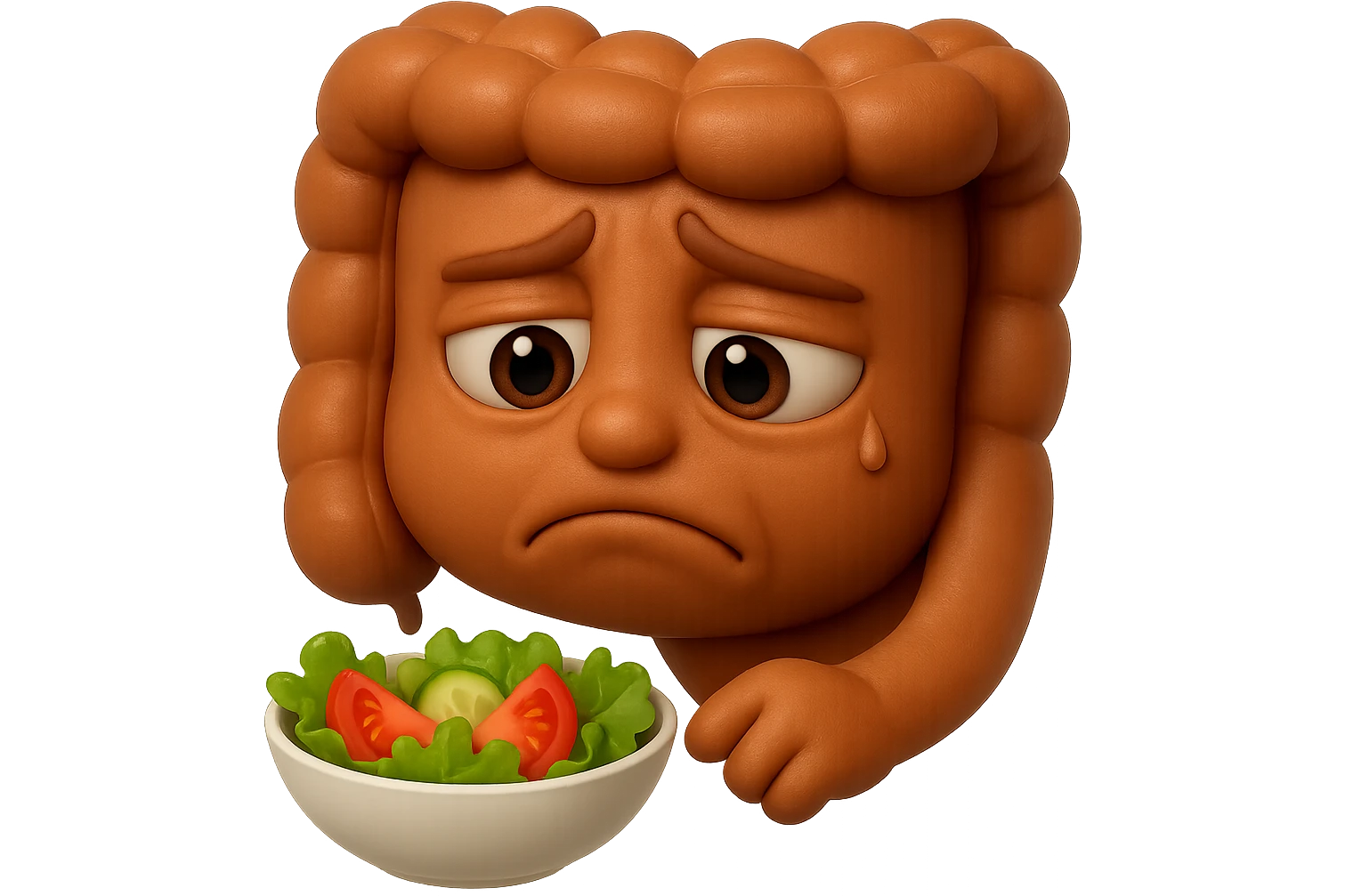 EMOJI STILE IPHONE DI UN INTESTINO UMANO ANATOMICO CHE GUARDA UN INSALATA CON ESPRESSIONE TRISTE E RASSEGNATA IN VOLTO: SOFFRE LA FAME PERCHé è A DIETA, FAGLI ANCHE LA PARTE BIANCA DEGLI OCCHI, NON SOLO LE PUPILLE, IPERREALISTICO 4K emoji
