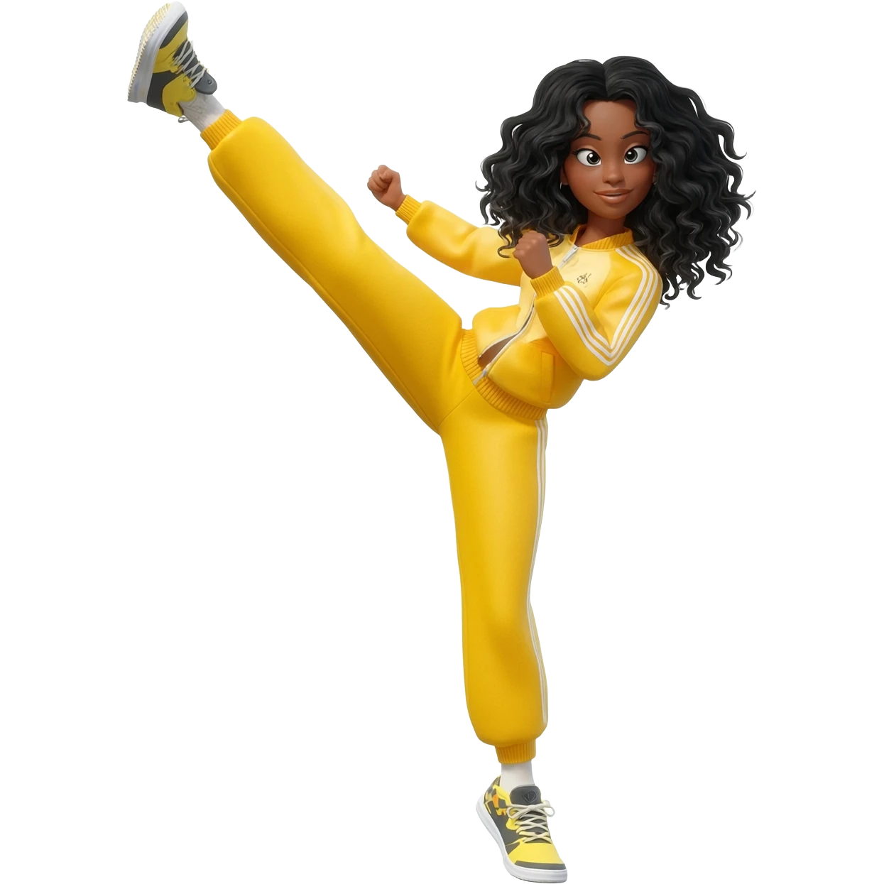White curvy female with super wavy black hair doing a high kick wearing a track suit emoji