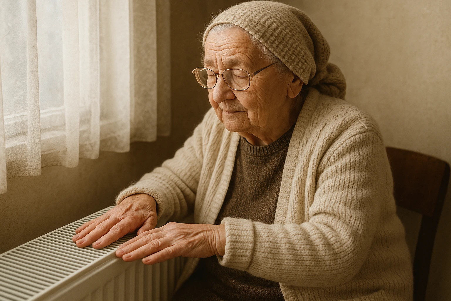 Grandma warms his hands by the heating radiator.  emoji