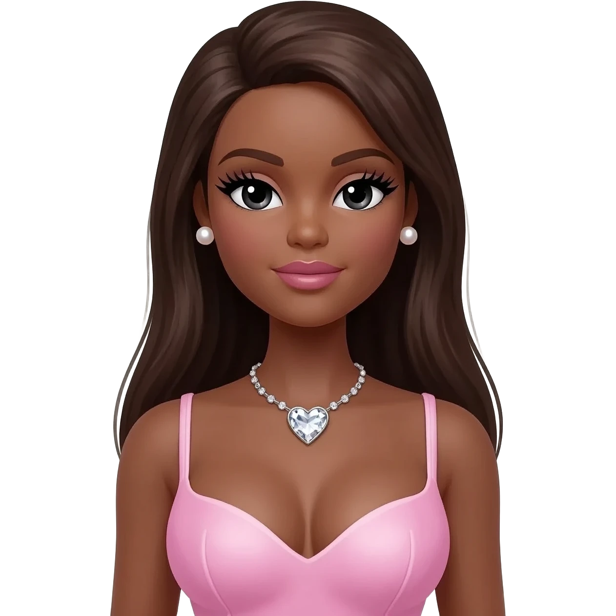 pearl earrings stud, Long giant lashes, Doll faced shaped,swarovski heart with Rhodium plated necklace, bimbo, black doll eyes, barbie, dark brown skin, with long dark brown hair, light pink, big breast emoji