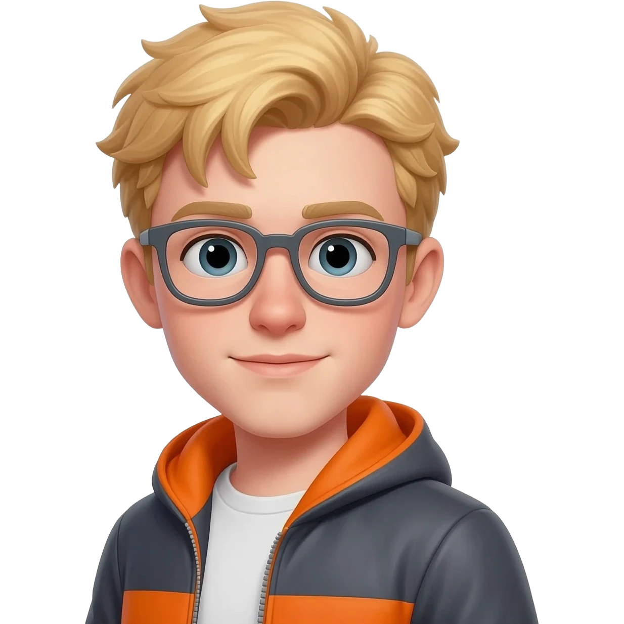 Hombre joven de cabello rubio con gafas de lectura grises oscuras y detalles naranja emoji