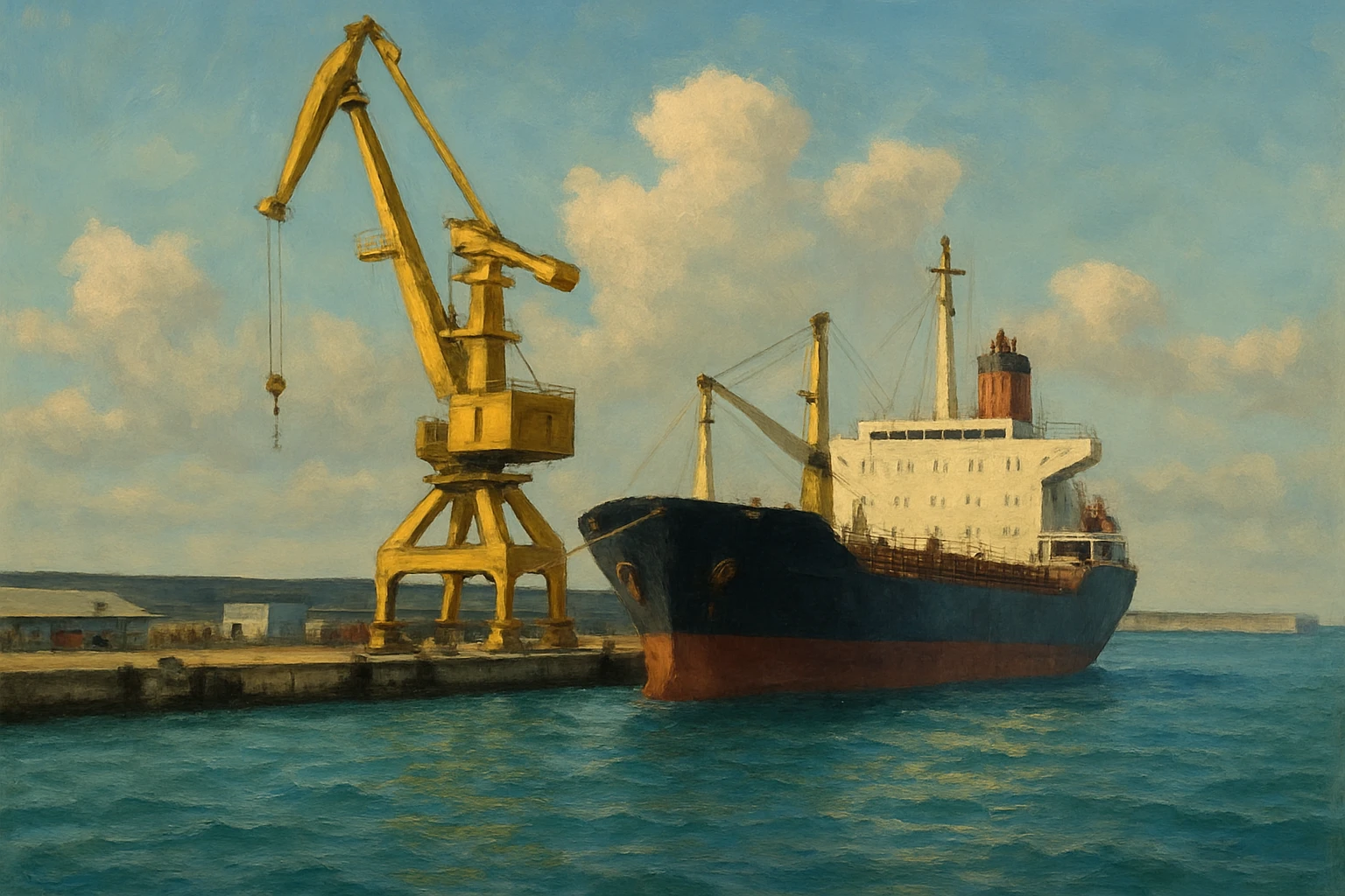 фотография современного торгового порта на берегу моря. На переднем плане — большой грузовой корабль у причала, рядом высокий портовый кран жёлтого цвета. Вода бирюзовая, слегка волнистая, на фоне виден бетонный волнорез и небо с мягкими облаками. Композиция сбалансирована: корабль справа, кран слева. Освещение дневное, естественное, с мягкими тенями. Атмосфера индустриальная, но спокойная, без людей. В СТИЛЕ РЕАЛИСТИЧНОЙ ЖИВОПИСИ на однородном фоне emoji