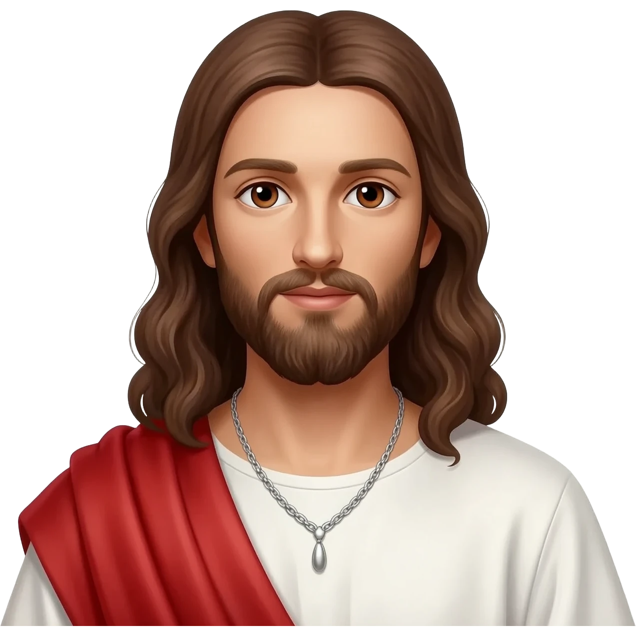 Jesus from Christian Mythology with brown eyes, long brown hair, white and red metallic toga, silver necklace emoji