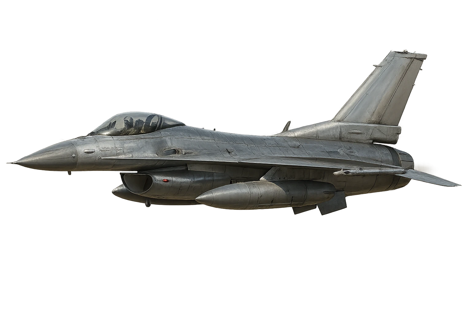 realistic F-16 jet fighter, side view, metallic finish, flying, no background emoji