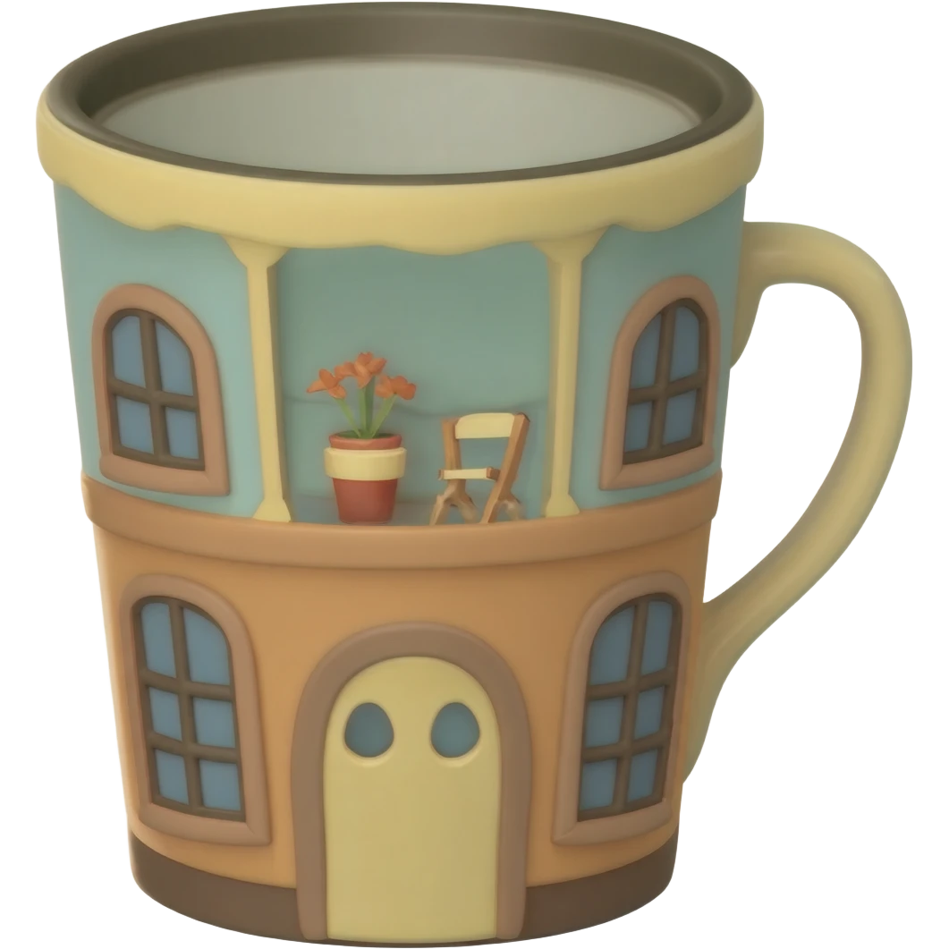 Hyperrealistic 3d rendering whimsical cottagecore coffee mug emoji