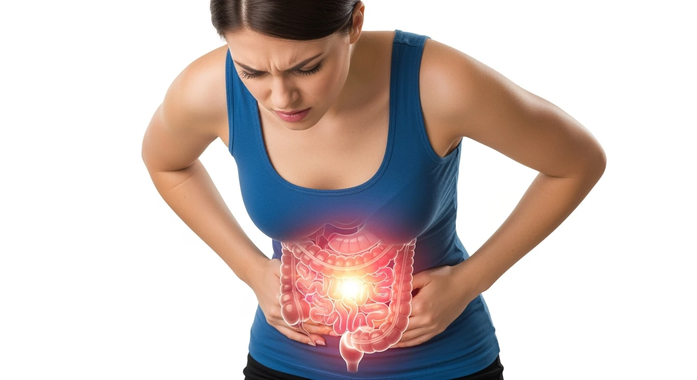 donna piegata in avanti frontalmente con mal di pancia, espressione di dolore in volto in primo piano e intestino anatomico in evidenza, iperrealistico 4k, sfondo bianco emoji