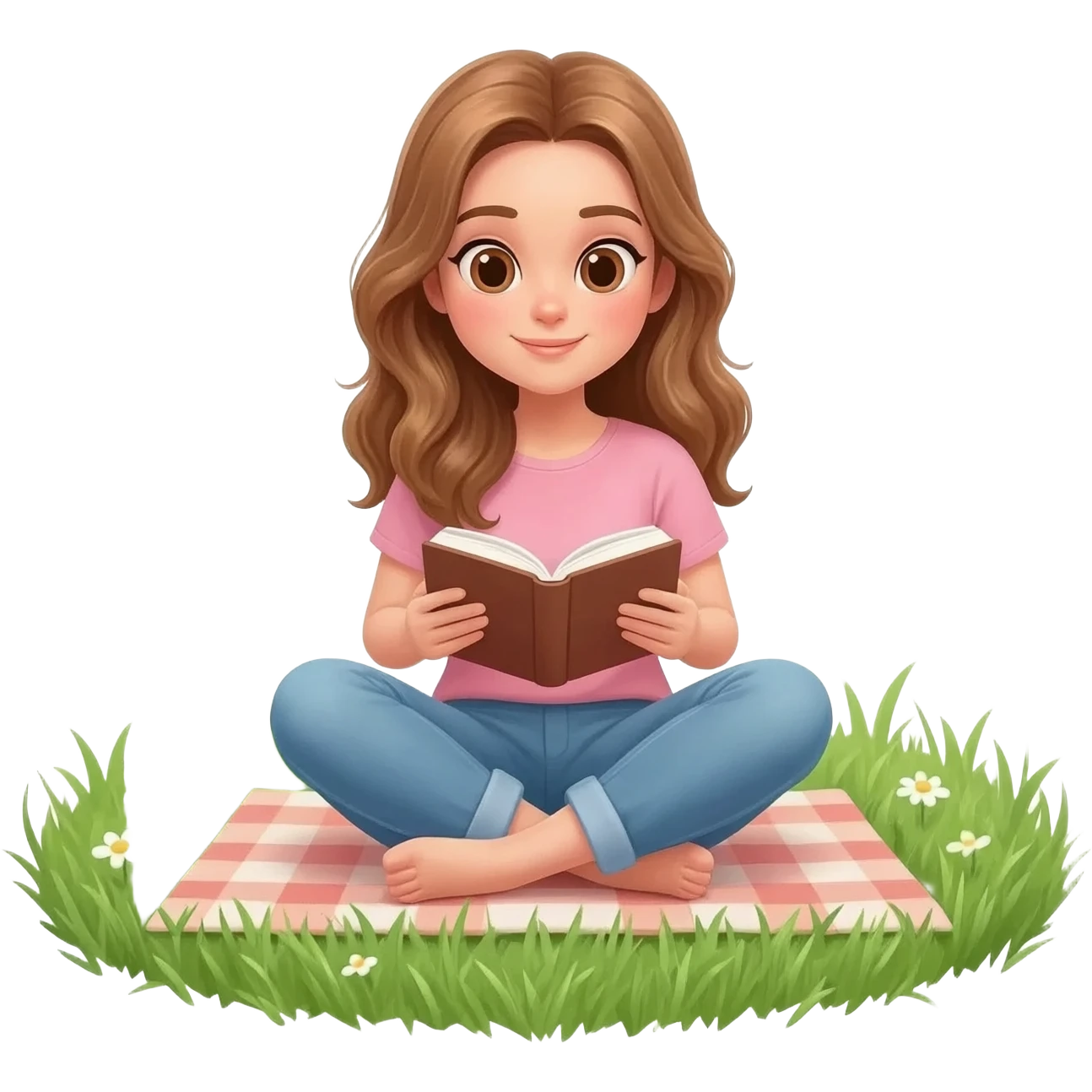 detailed emoji scene of a woman with long light brown wavy hair and light brown eyes reading a book while sitting in the grass, peaceful picnic atmosphere, emoji style illustration emoji