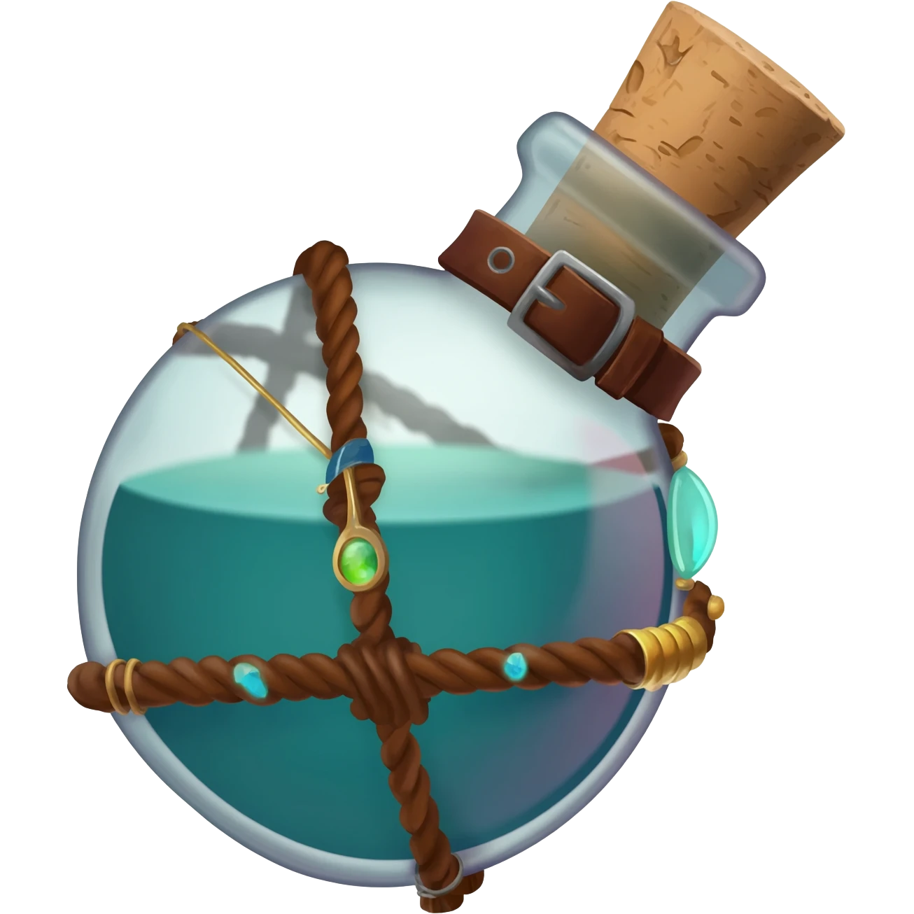 an empty round potion bottle a little rotated with a cork and decorations on the bottle like ropes and belts and random stuff emoji