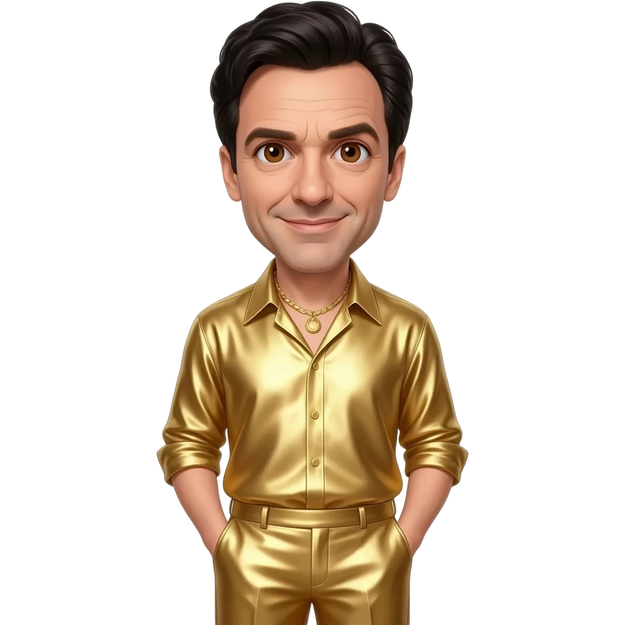 Sacha Baron Cohen with brown eyes, black short hair, gold metallic shirt, gold metallic wide leg pants, gold necklace emoji