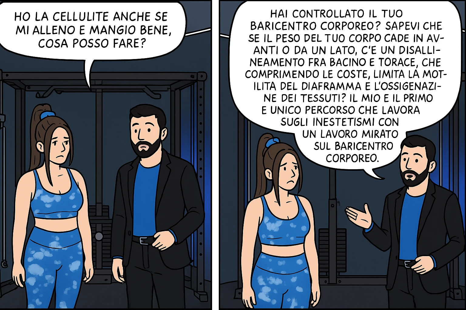 TRASFORMA QUESTO CAROSELLO IN UN FUMETTO CON QUESTE DUE PERSONE IDENTICHE CHE INTERLOQUISCONO TRA LORO:

LEI: Ho la cellulite anche se mi alleno e mangio bene, cosa posso fare?

LUI: Hai controllato il tuo baricentro corporeo?
Sapevi che se il peso del tuo corpo cade in avanti o da un lato, c’è un disallineamento fra bacino e torace, che comprimendo le coste, limita la motilità del diaframma e l’ossigenazione dei tessuti?
Il mio è il primo e unico percorso che lavora sugli inestetismi con un lavoro mirato sul baricentro corporeo. emoji