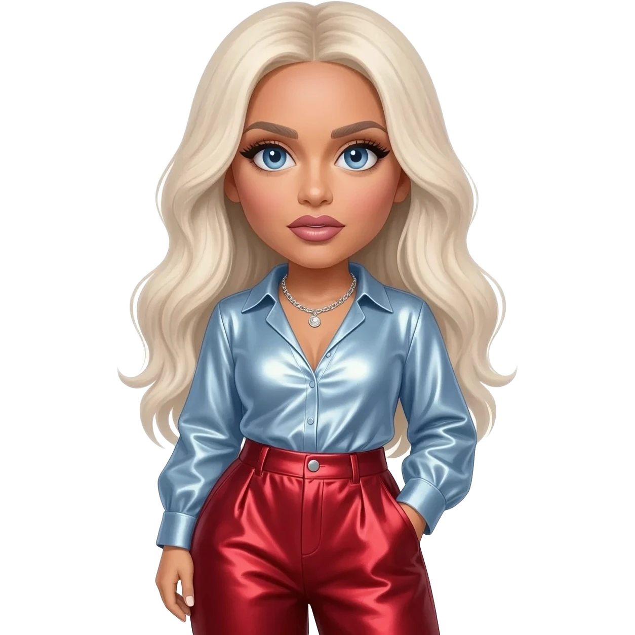 Christina Aguilera with blue eyes, long platinum blonde hair, light steel blue metallic sweetheart shirt, ruby red metallic baggy leggings, silver necklace emoji