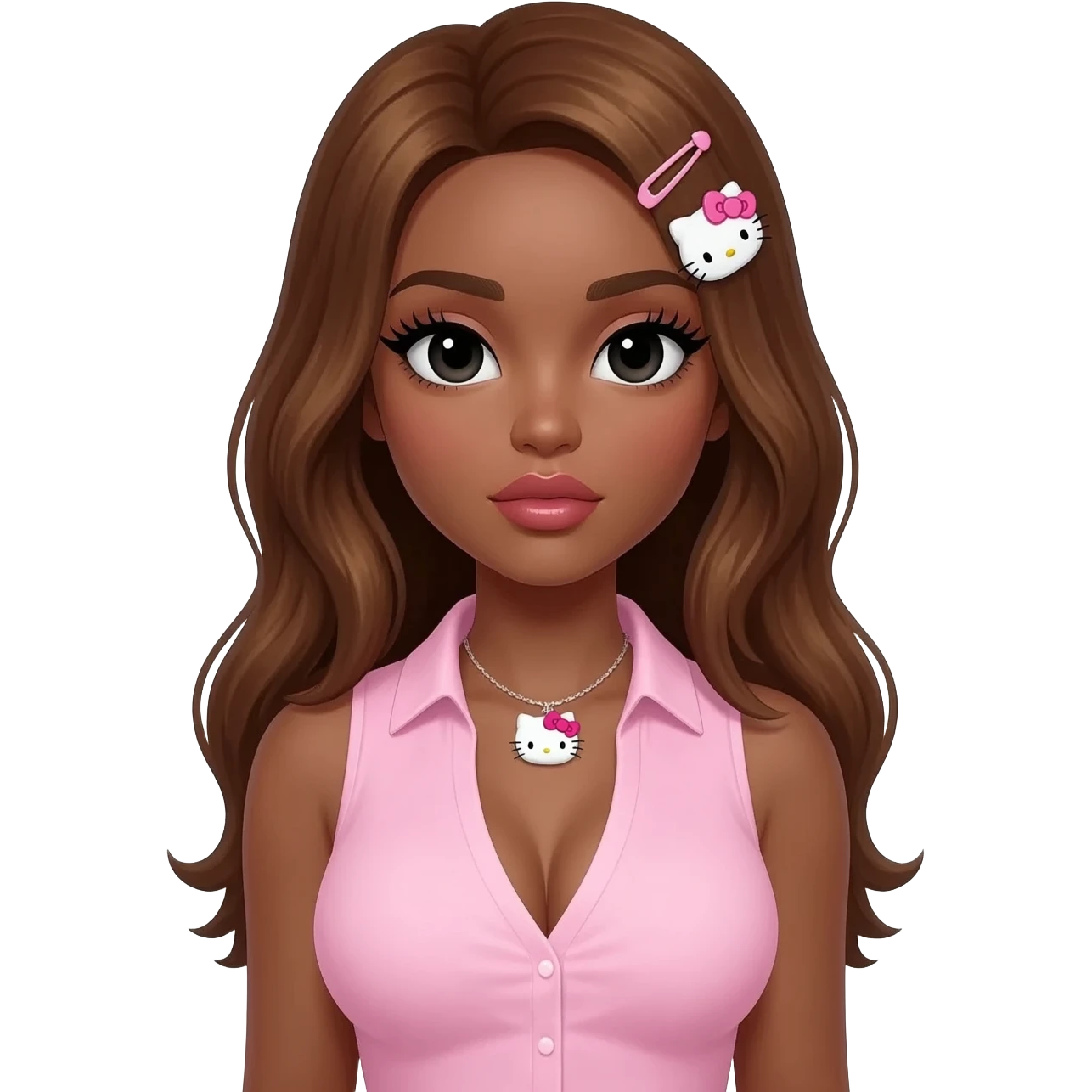 Long lashes, my melody hairclip, Doll faced shaped, hello kitty necklace, bimbo, black doll eyes, Big lips barbie, long dark brown skin with honey brown hair, light pink sleeveless shirt, big breast emoji
