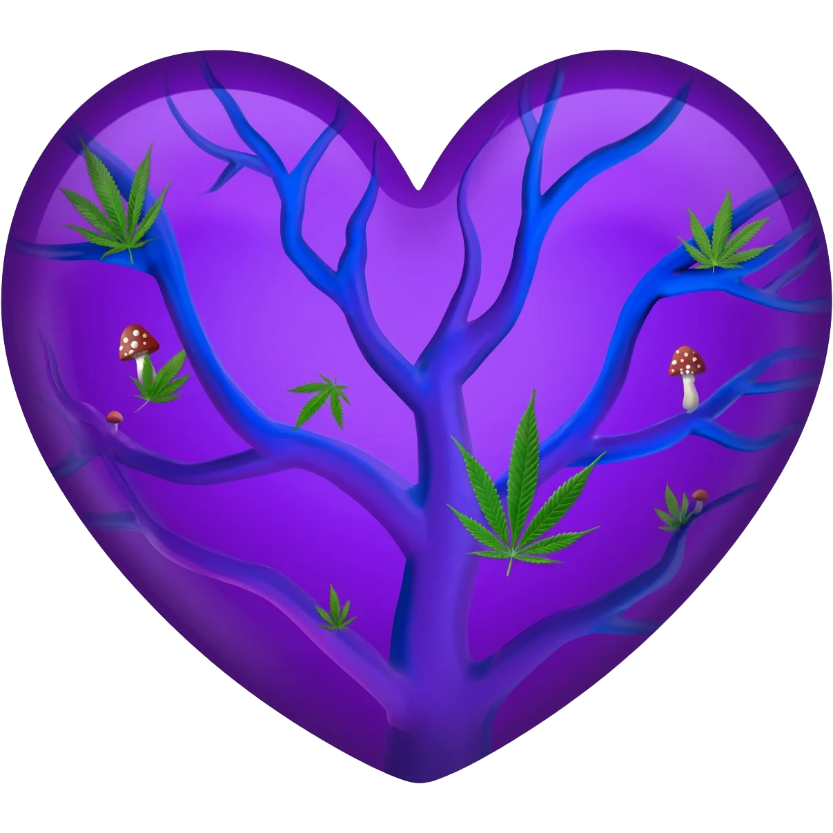 purple heart with blue veins with cannabis plants and mushrooms emoji
