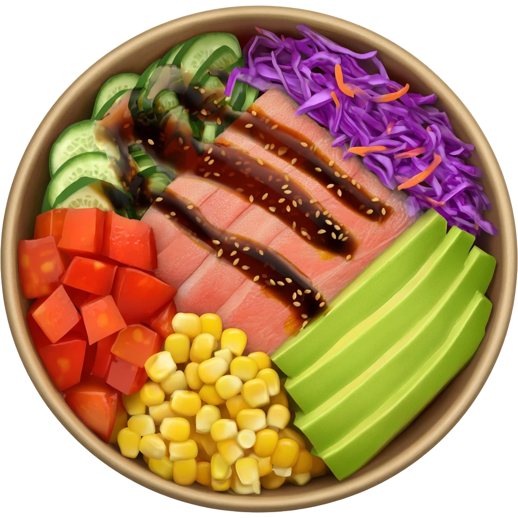 Poke bowl with tuna with soy sauce and sesame seeds on top, tomato in cubes, corn, avocado, cucumber, carrot shedred, purple cabage, in a cardboard poke bowl.” emoji