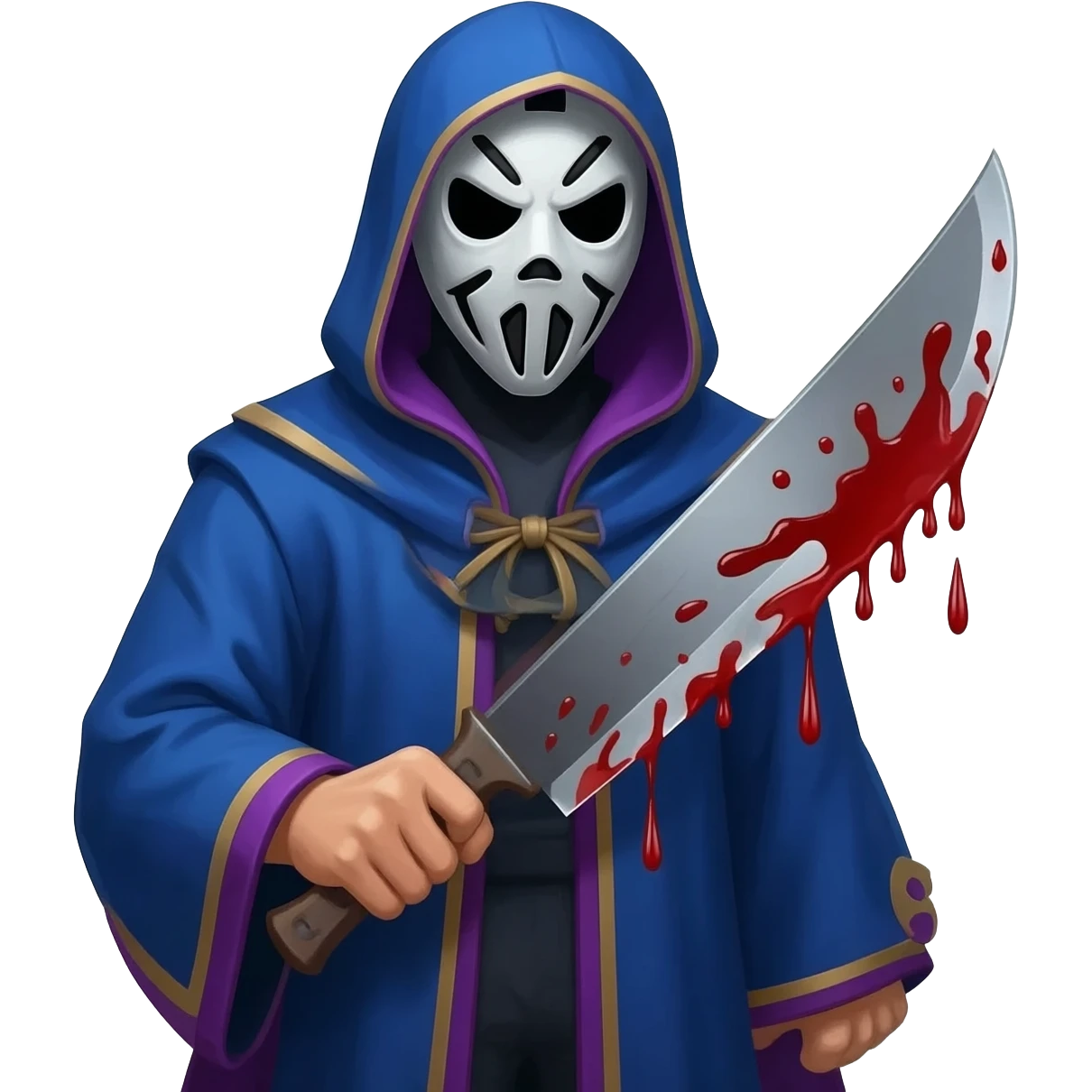 A wizard in blue and purple wizard clothing wearing  hockey mask holding a machete dripping blood emoji